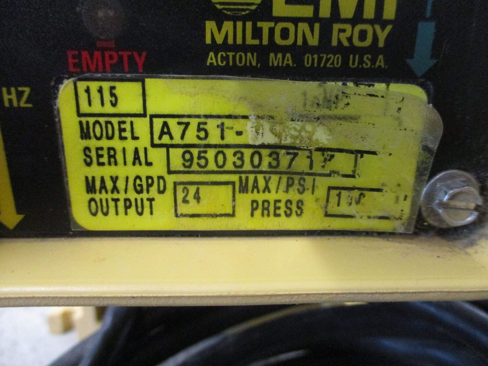 LMI Milton Roy Dosing Pump A751-91S 24 GPD 110PSI 115V 50/60Hz 1A Used
