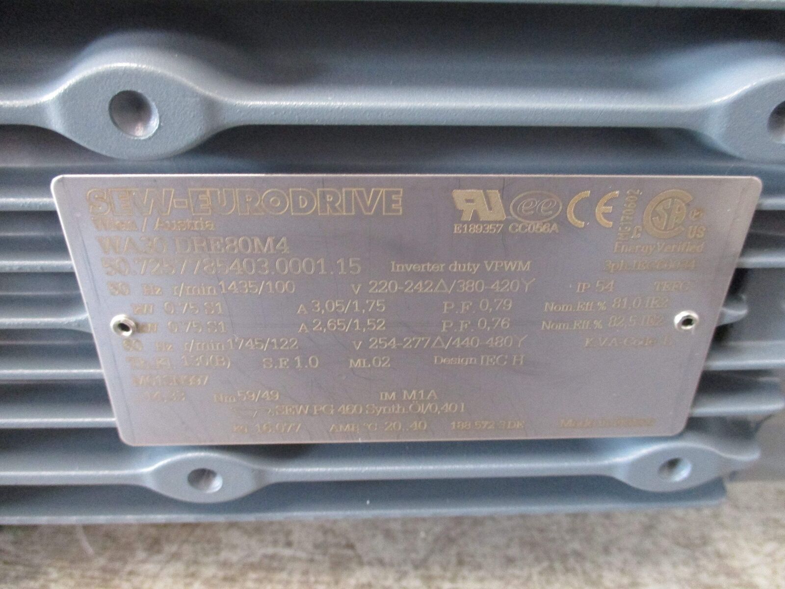 Sew-Eurodrive Gearmotor WA30 DRE80M4 M01SN997 IHP Ratio 14.33:1 122RPM Output Ne