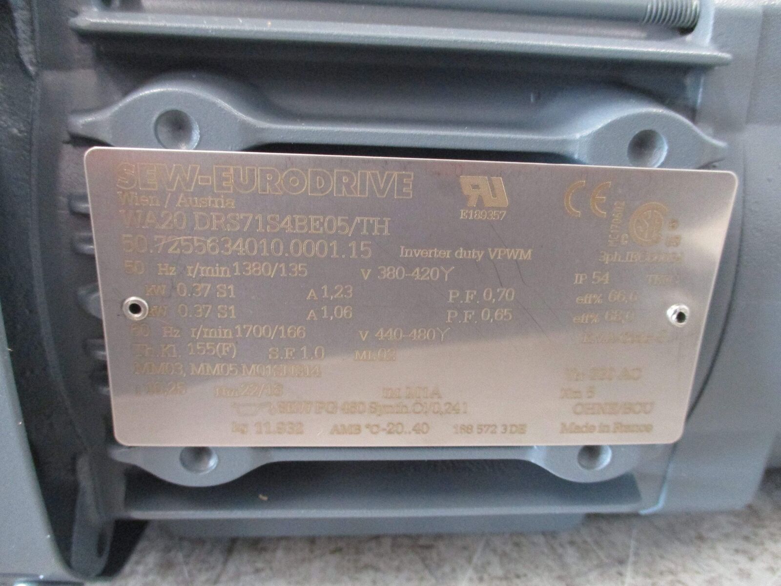 Sew-Eurodrive Gearmotor WA20 DRS71S4B05/TH 0.5HP Ratio 10.25:1 166RPM Output New