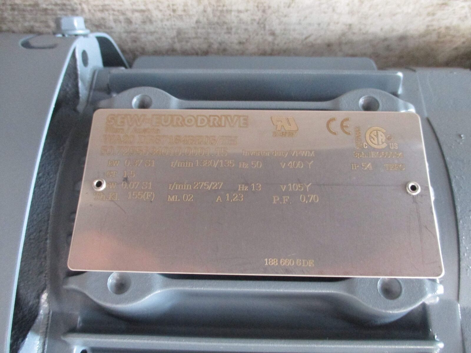 Sew-Eurodrive Gearmotor WA20 DRS71S4B05/TH 0.5HP Ratio 10.25:1 166RPM Output New