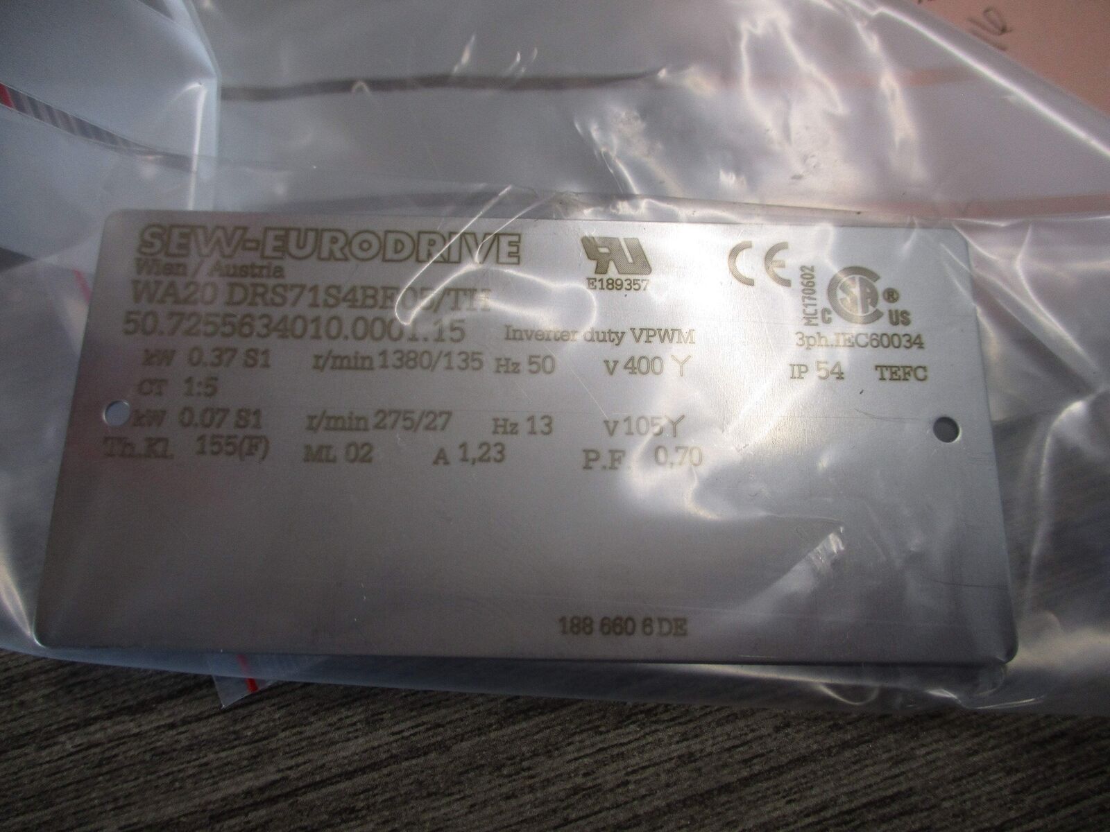 Sew-Eurodrive Gearmotor WA20 DRS71S4B05/TH 0.5HP Ratio 10.25:1 166RPM Output New