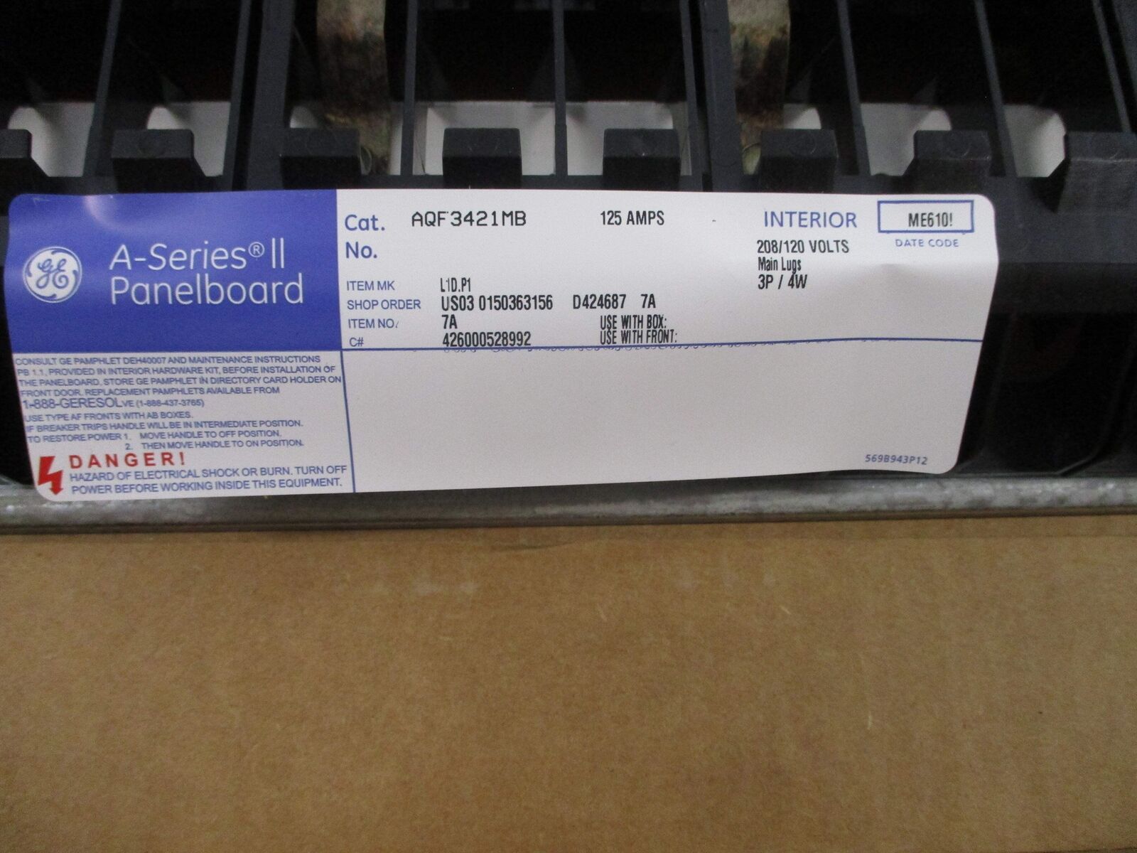 GE A-Series II Panelboard Interior AQF3421MB 125A 208/120V 3P 4W New Surplus