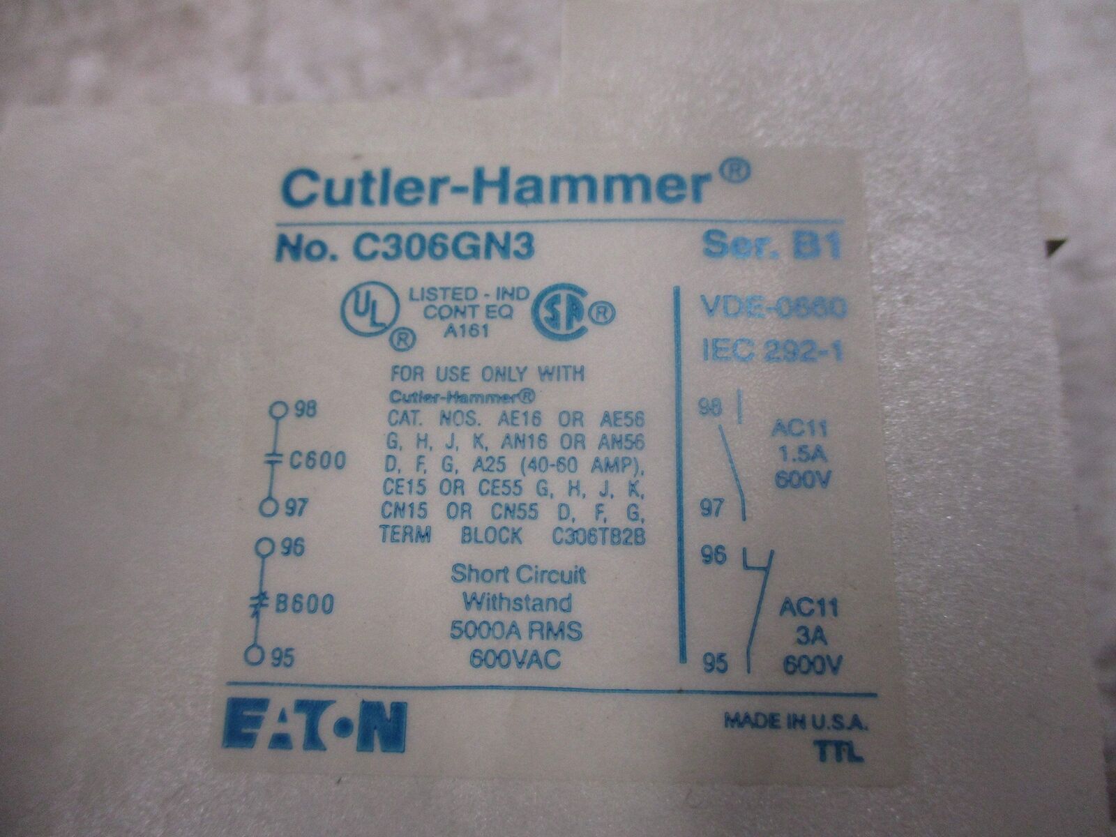 Eaton Overload Relay C306GN3 Ser. B1 H2016B Heaters Used