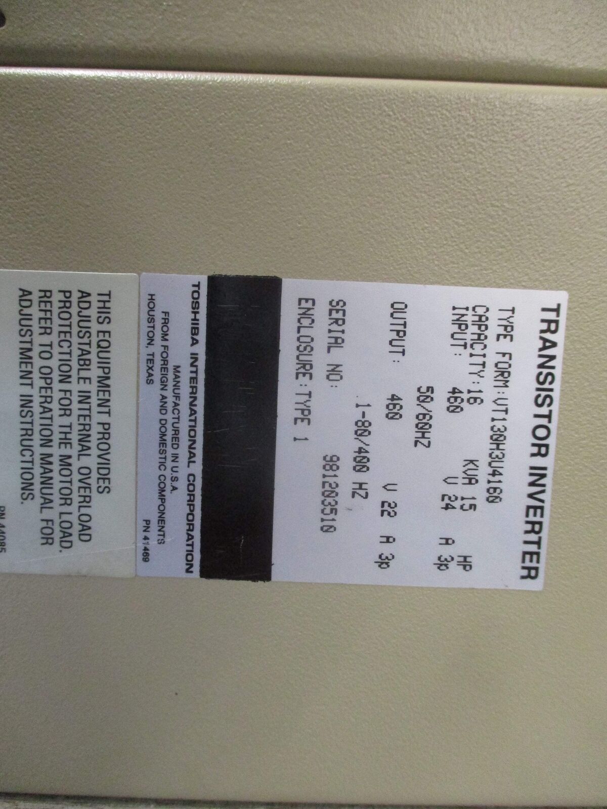 Toshiba H3 AC Drive VT130H3U4160 15HP 3Ph Input: 460V 24A 3p 50/60Hz Output: 460
