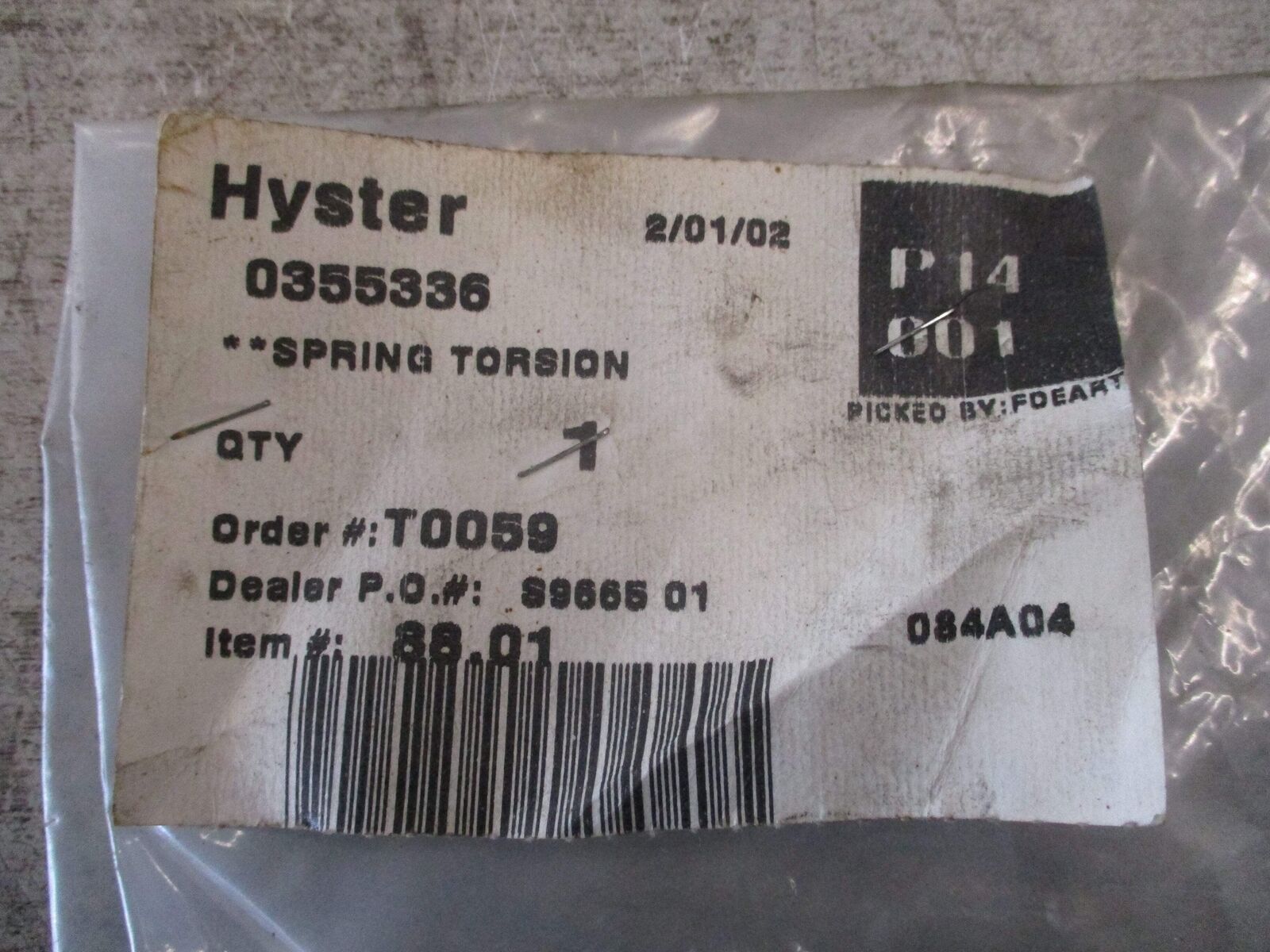 Hyster Torsion Spring 0355336 *No Box* New Surplus