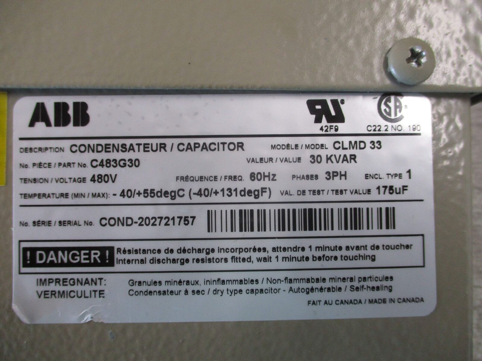 ABB CLMD 33 Capacitor C483G30 30KVAR 480V 60Hz 3Ph Used