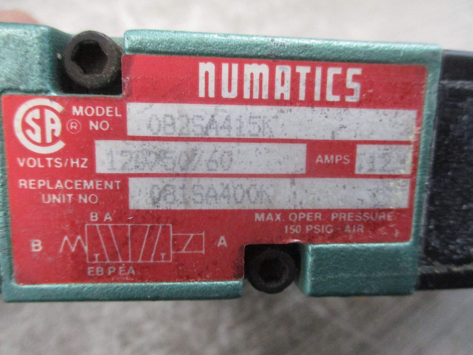 Numatics Solenoid Valve 082SA415K 120V 0.12A 150 PSIG Used