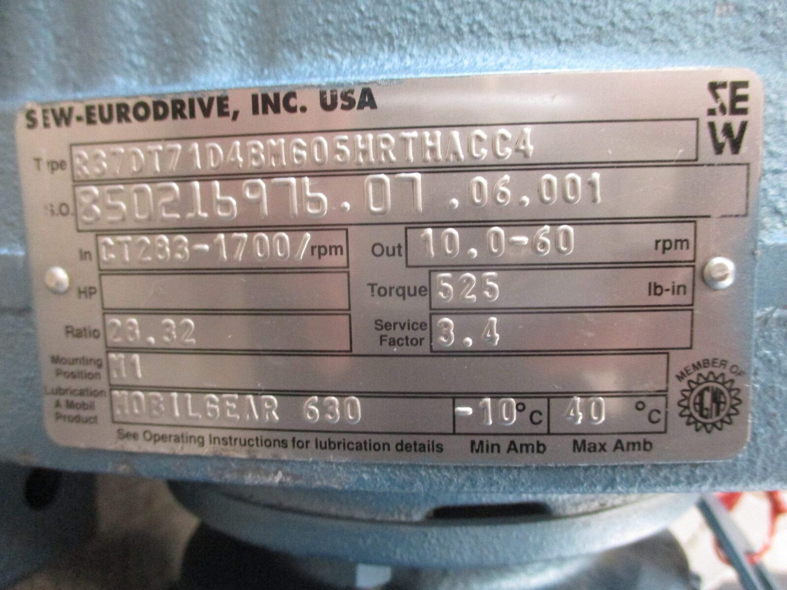 Sew-Eurodrive Gearmotor DFT71D4BMG05HRTHACC4 .5HP 460V 1800RPM TEFC Enclosure 1.