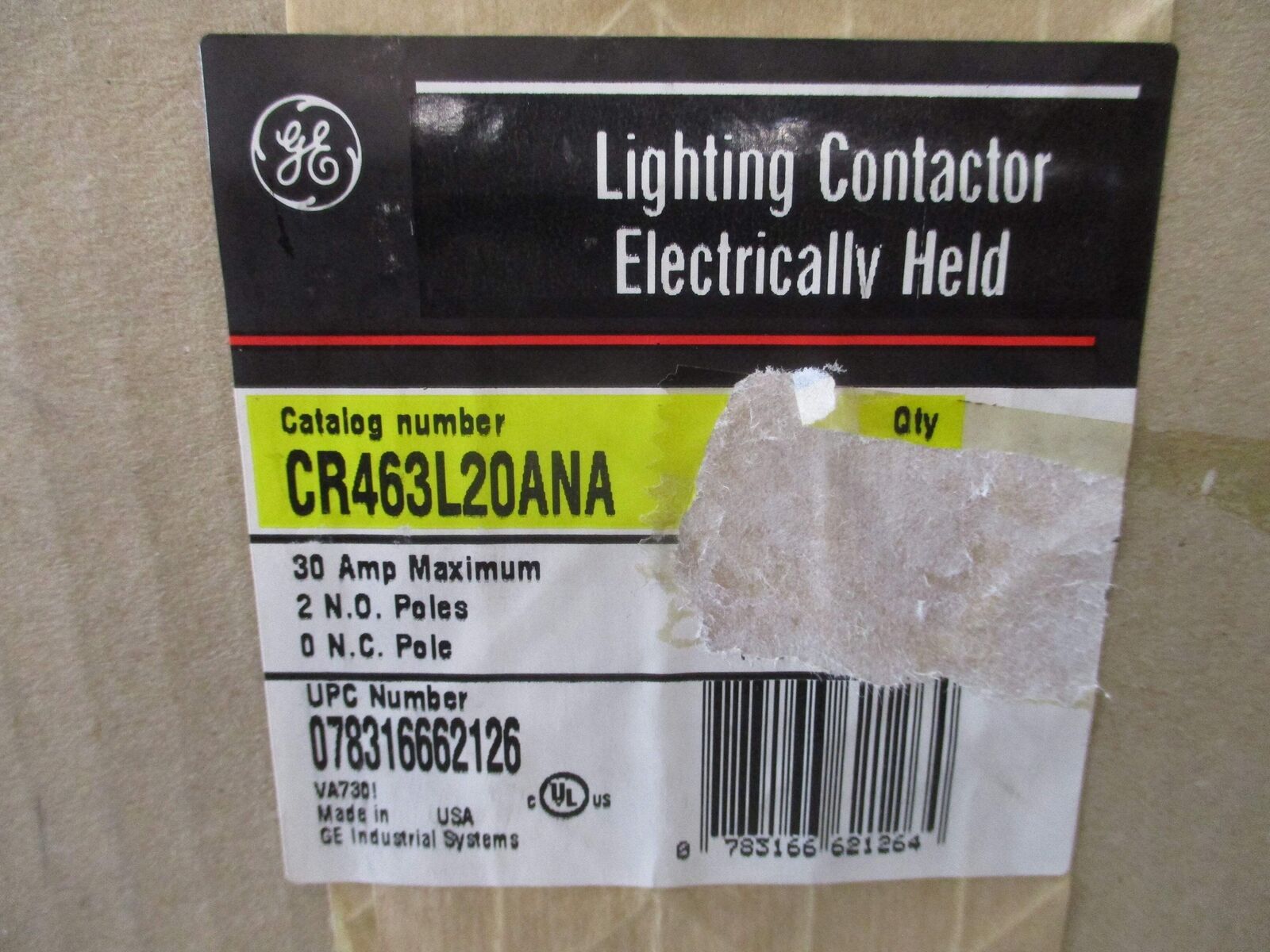 GE Lighting Contactor CR463L20ANA 30A 2 N.O. Electrically Held New Surplus