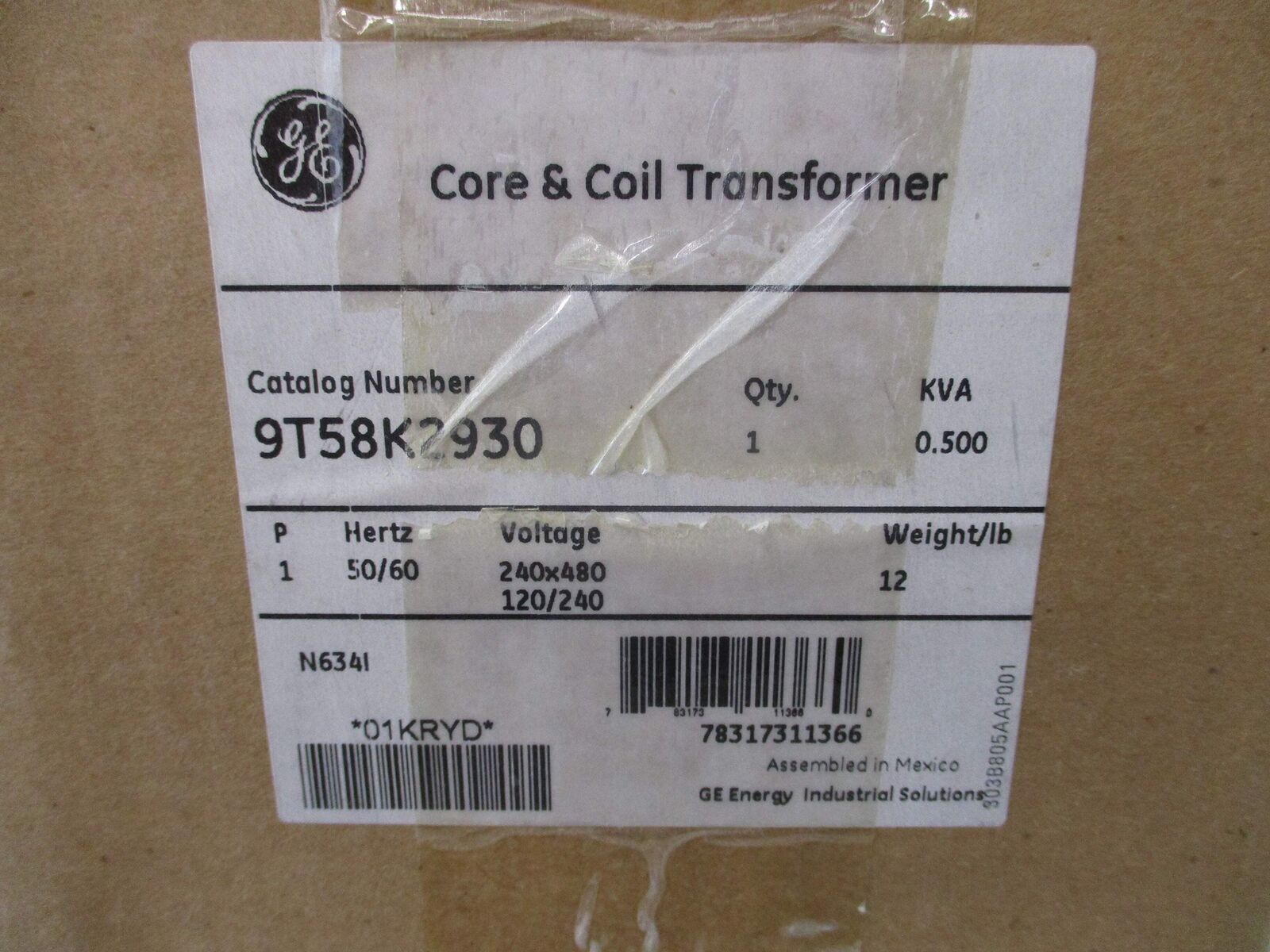 GE Core & Coil Transformer 9T58K2930 0.500 KVA Pri: 240/480V Sec: 120/240V 1Ph 5