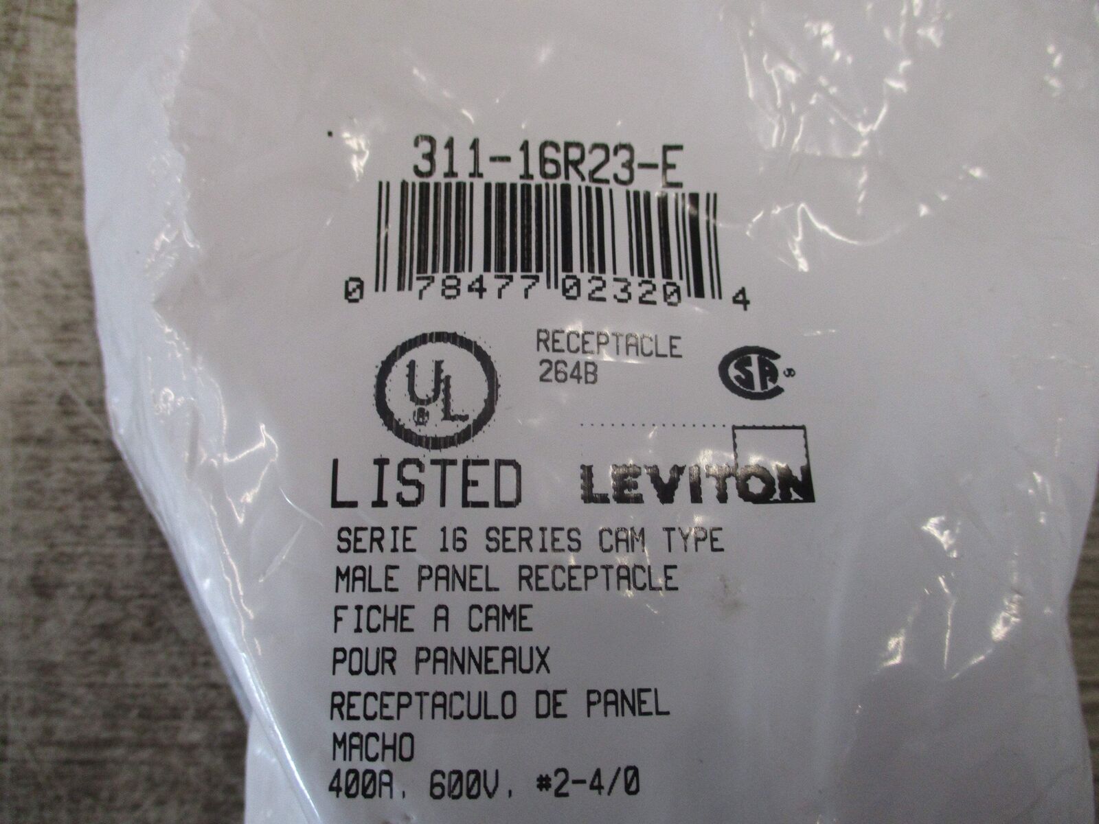 Levitor Male Panel Receptacle 311-16R23-E 400A 600V New Surplus
