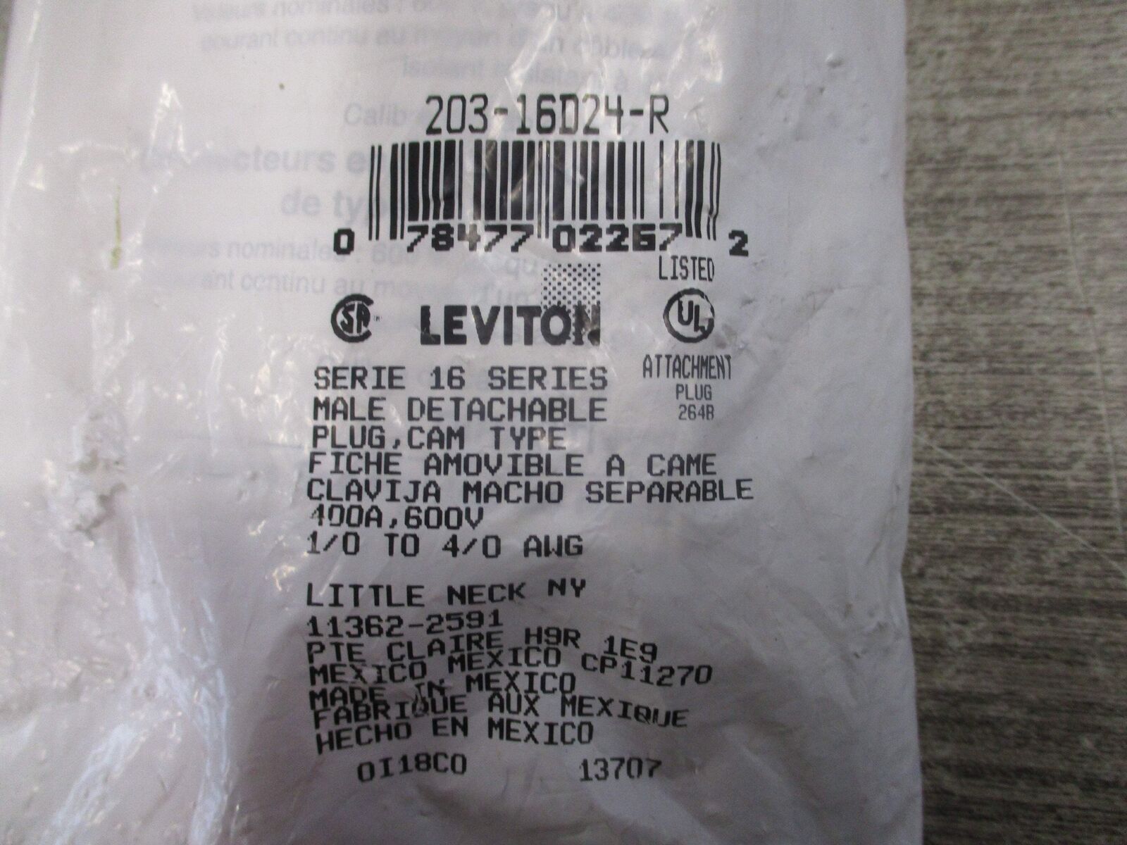 Leviton SP Male Detachable Plug 203-16D24-R 400A 600V New Surplus