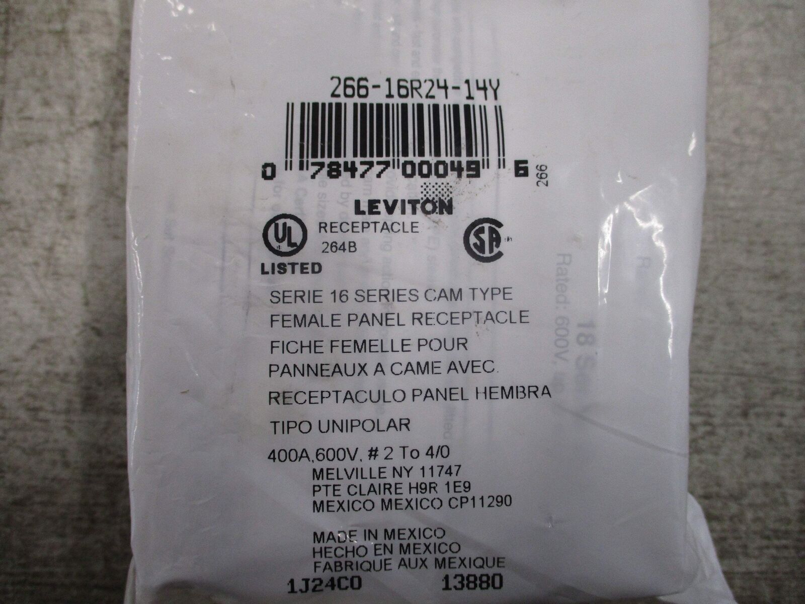 Leviton Cam Type Female Panel Receptacle 266-16R24-14Y 400A 600V New Surplus