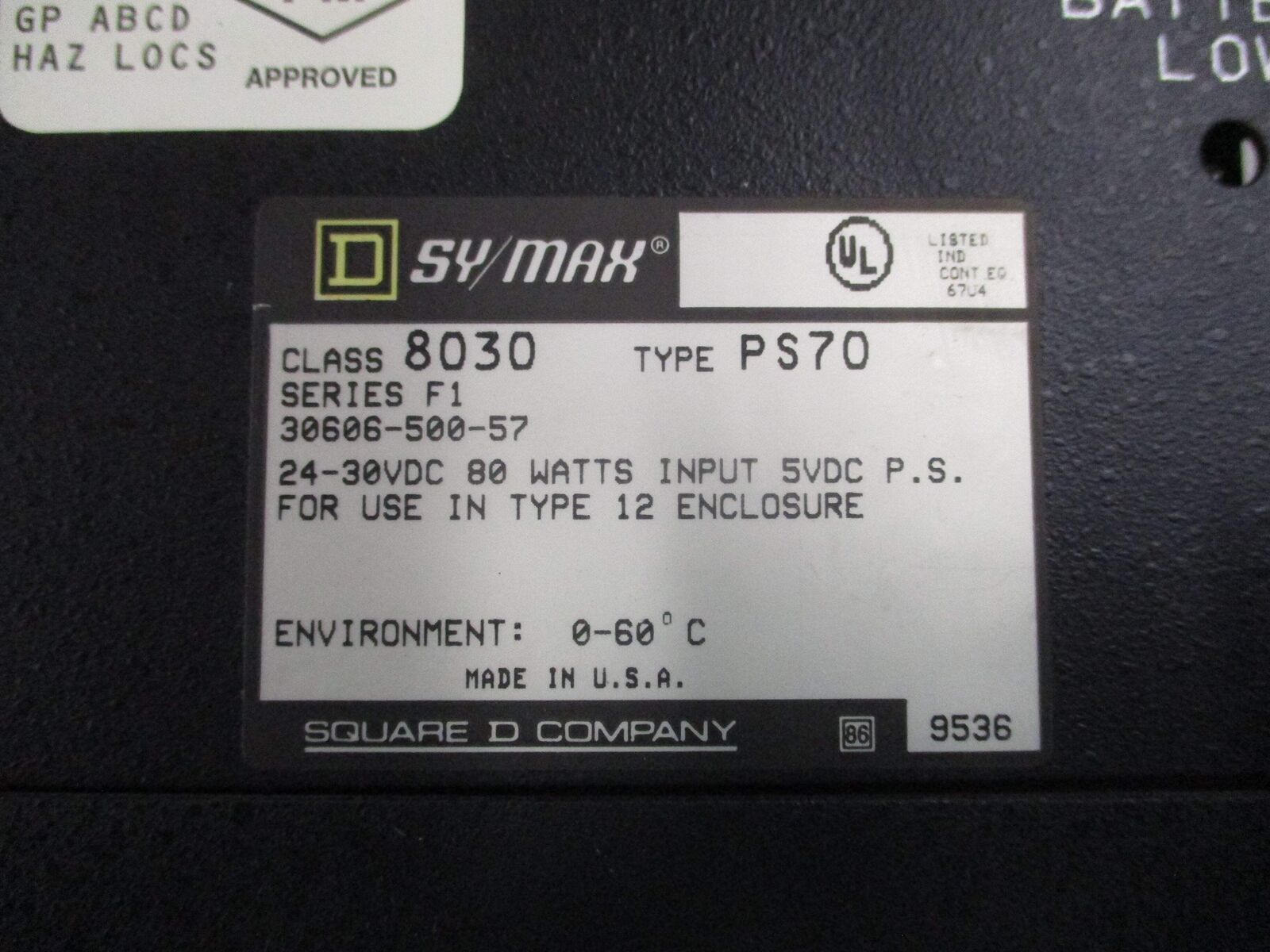 Square D Sy/Max Power Supply 8030 PS70 Ser. F1 80W 24-30VDC Used