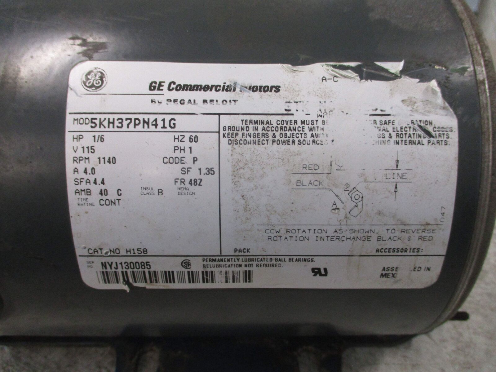 GE Motor 5KH37PN41G 1/6HP 115V 1200RPM 4.0A 60Hz 1PH Frame: 48Z Used