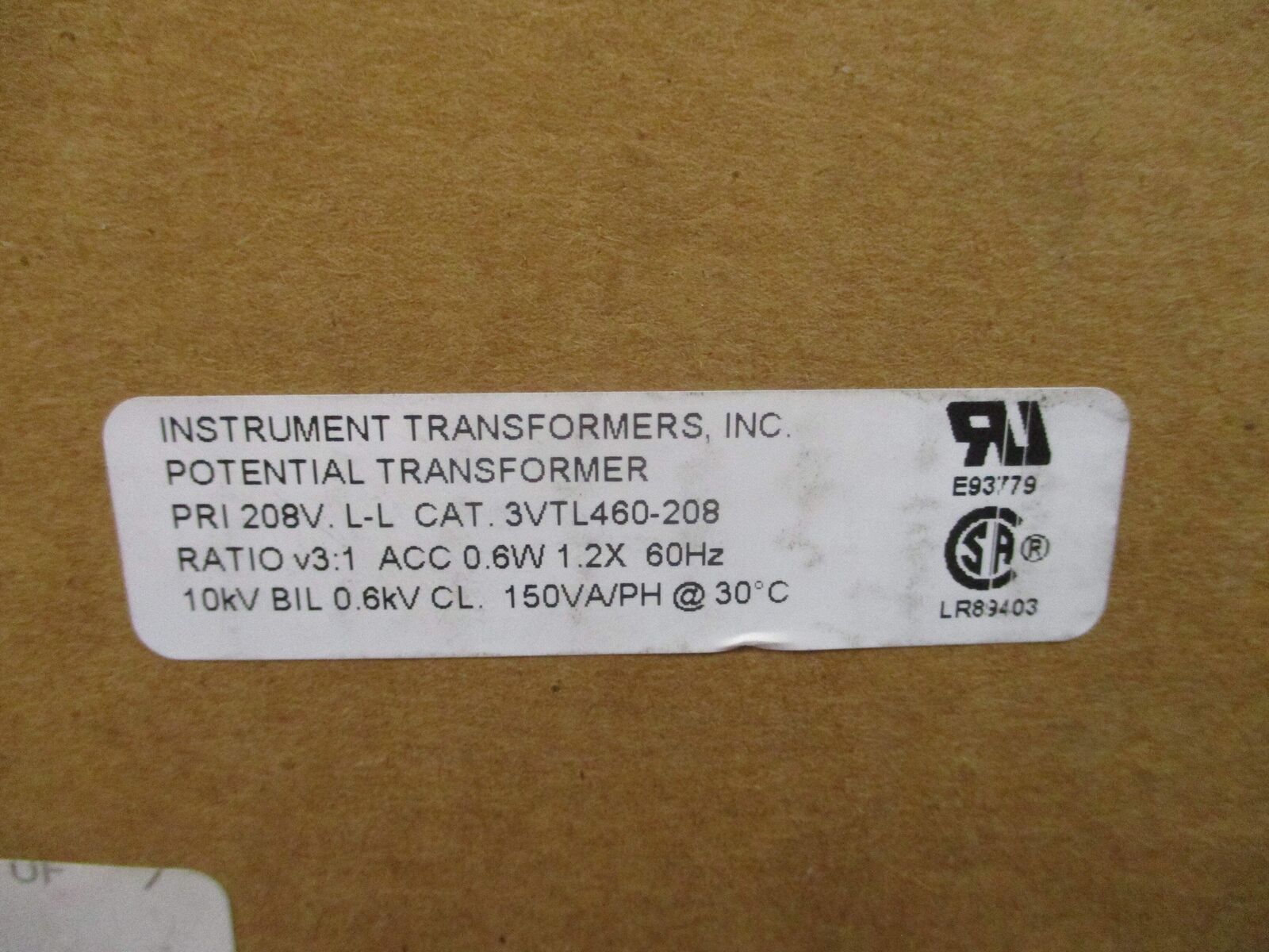 Instrument Transformers Potential Transformer 3VTL460-208 Pri: 208V Ratio 3:1 60