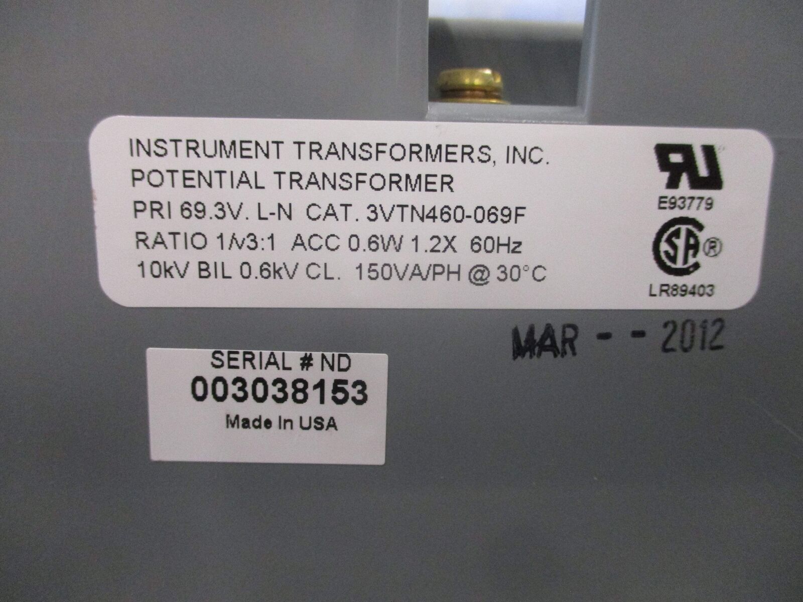 Instrument Transformers Potential Transformer 3VTN460-069F Pri: 69.3V Ratio 1/3: