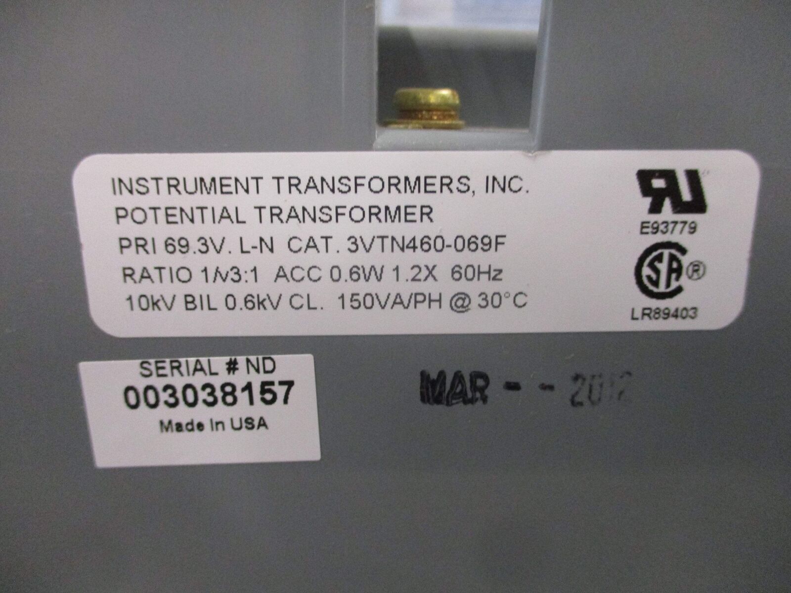 Instrument Transformers Potential Transformer 3VTN460-069F Pri: 69.3V Ratio 1/3: