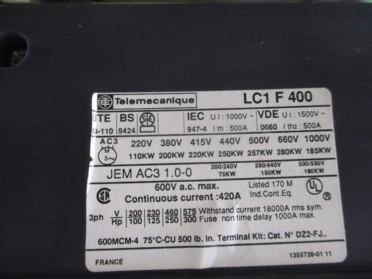 Telemecanique Contactor LC1 F 400 120V Coil 420A 600V (1) Aux Contact Block Used