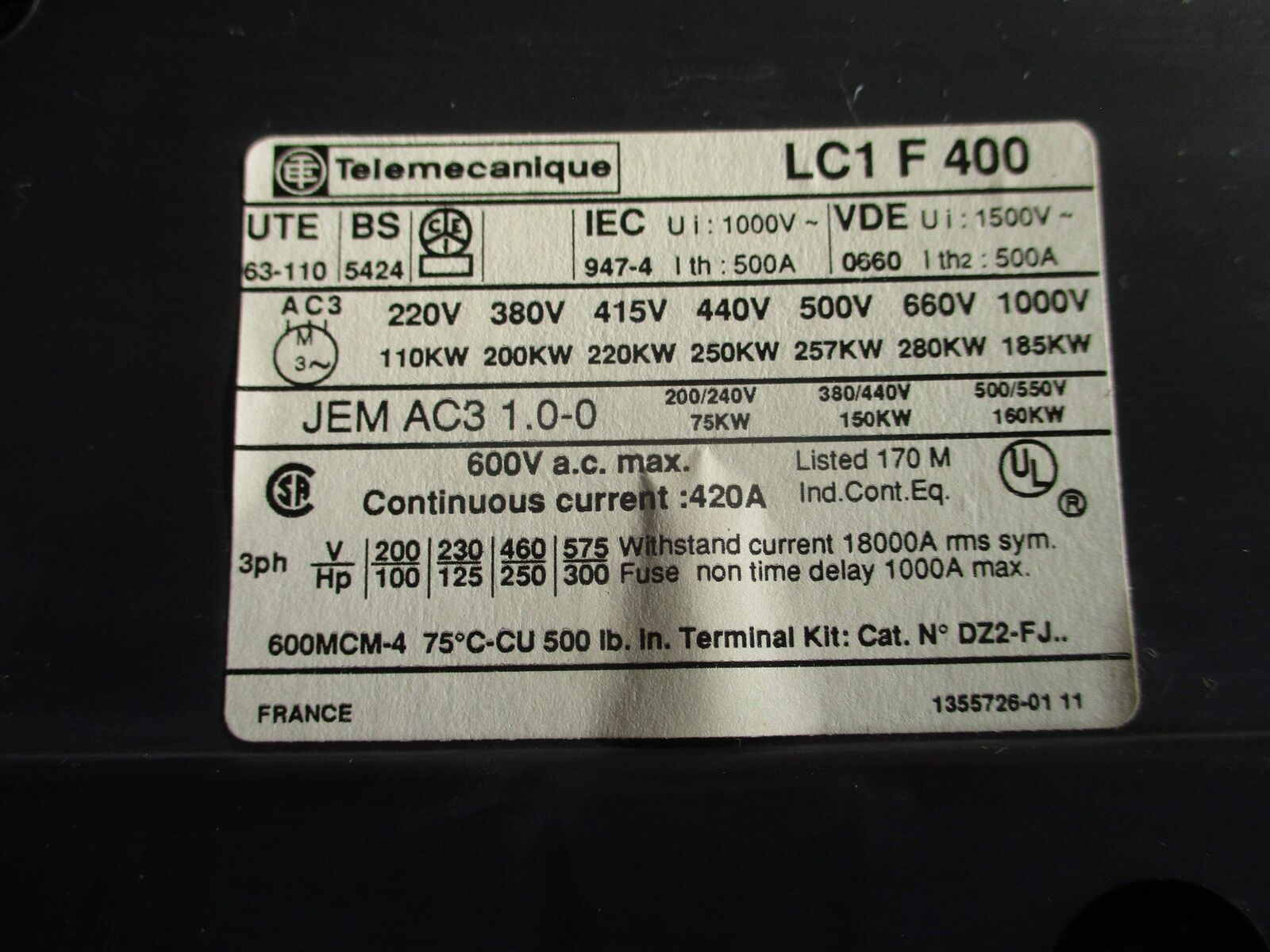 Telemecanique Contactor LC1 F 400 120V Coil 420A 600V Used