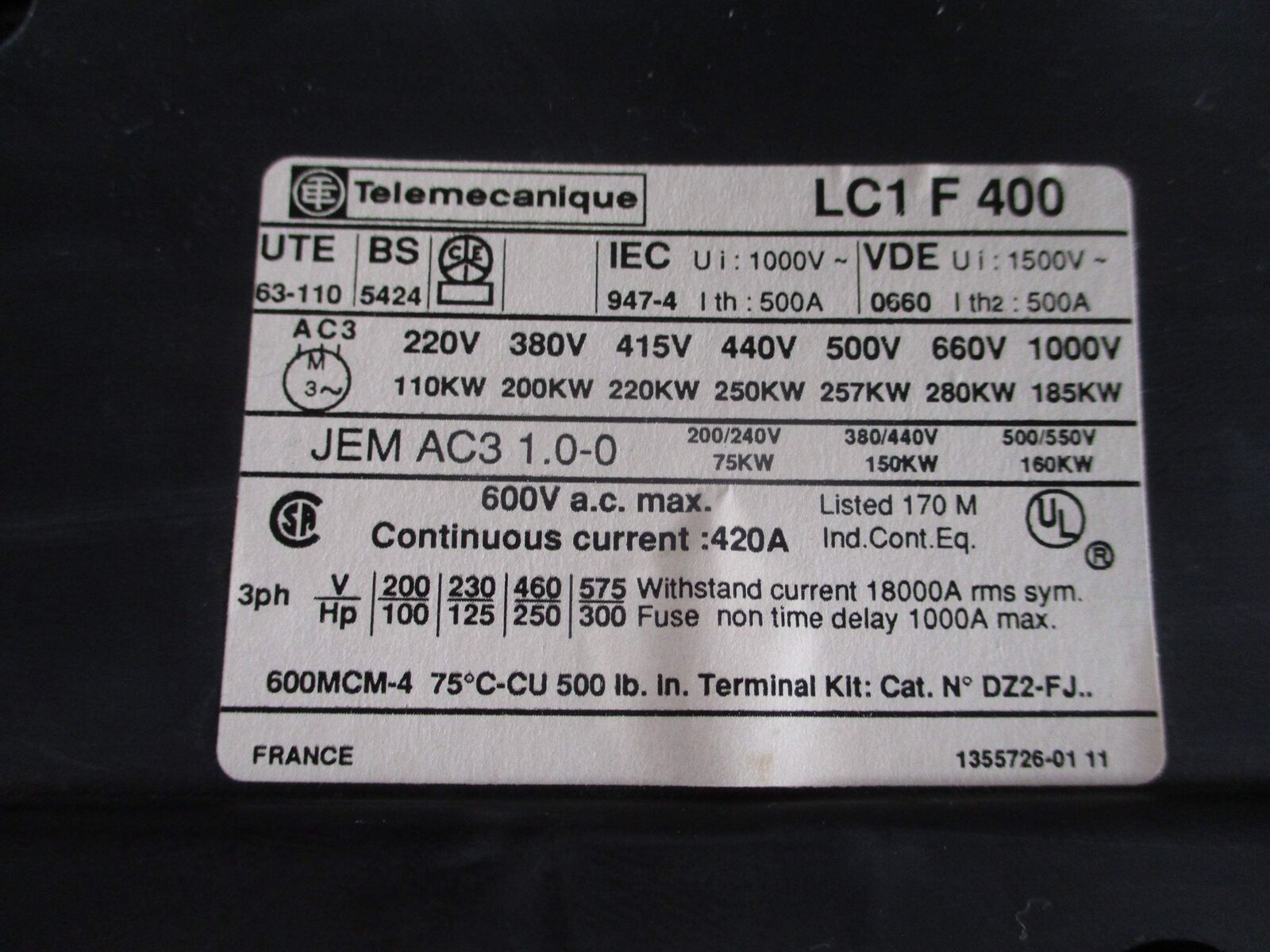 Telemecanique Contactor LC1 F 400 120V Coil 420A 600V Used