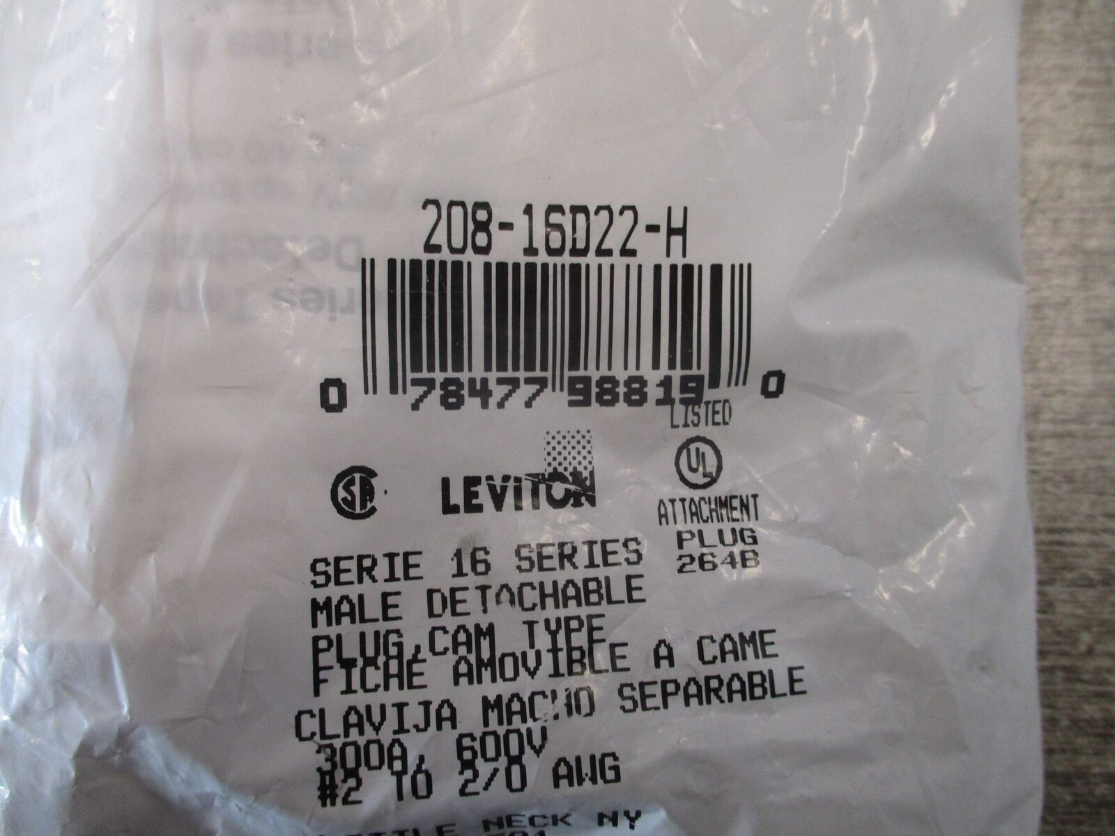 Leviton Male Detachable Plug 208-16D22-H 300A 600V New Surplus