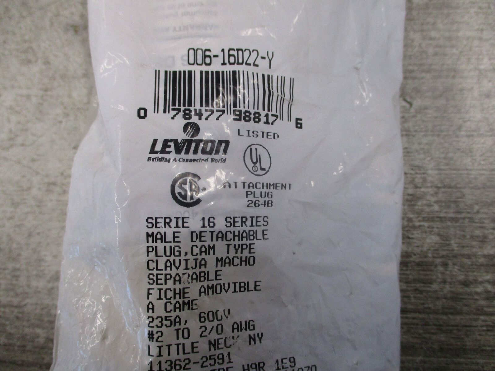 Leviton Male Detachable Plug 006-16D22-Y 235A 600V New Surplus