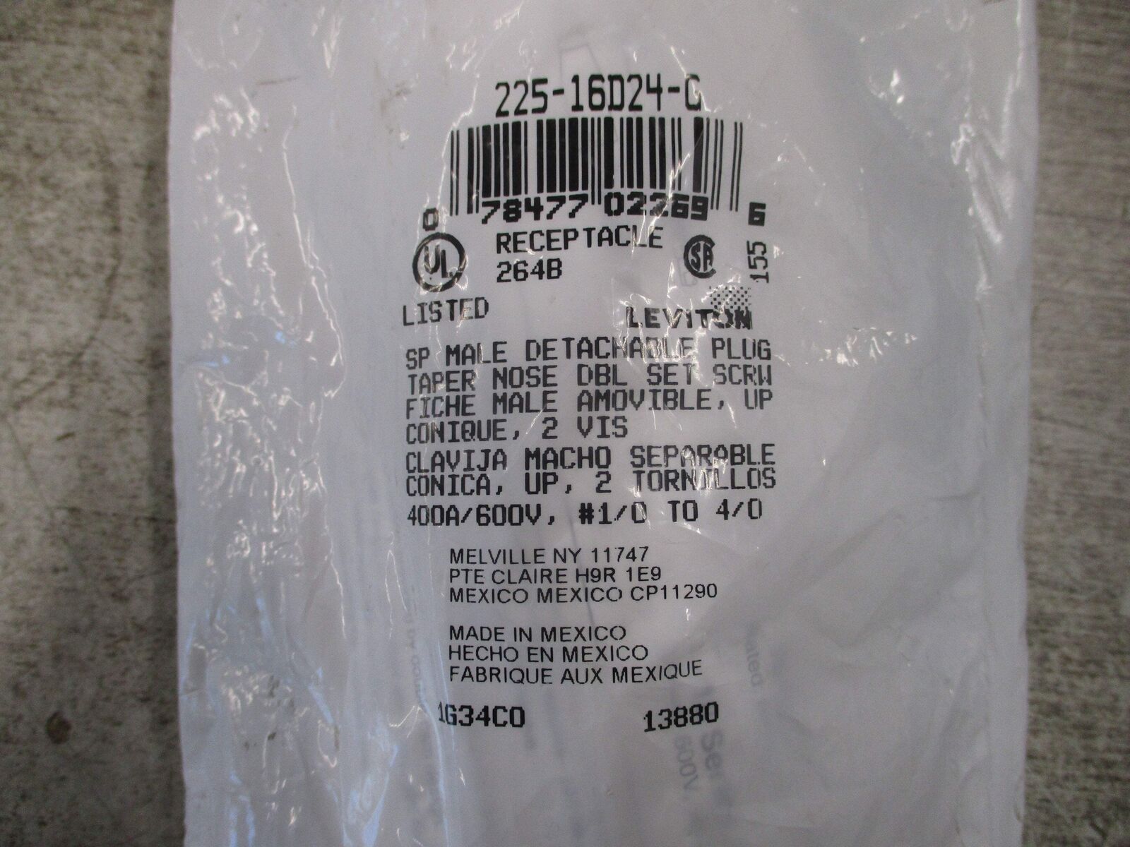 Leviton SP Male Detachable Plug 225-16D24-G 400A 600V New Surplus