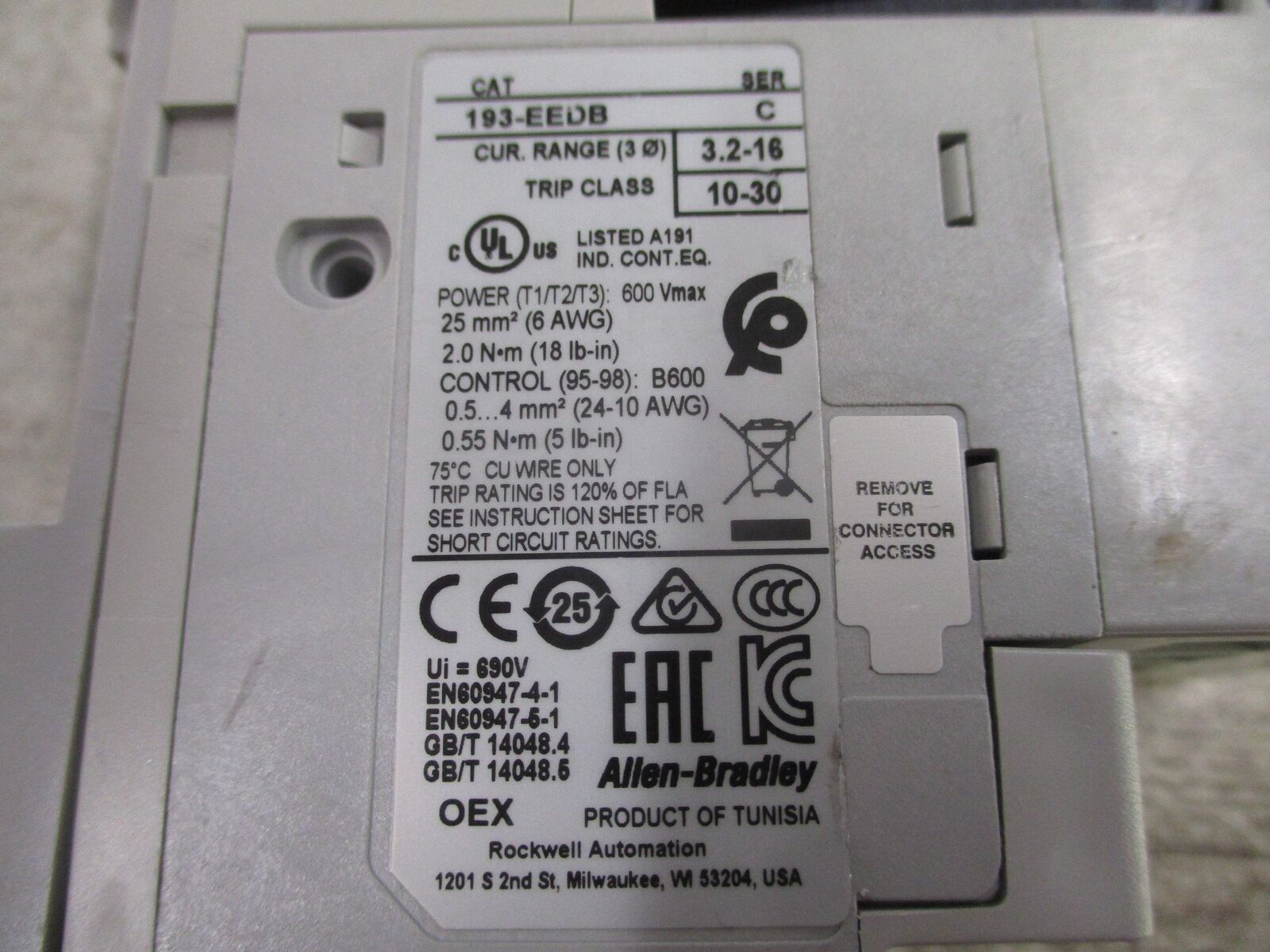 Allen-Bradley Solid State Overload 193-EEDB Ser. C Trip: 3.2-16A W/DIN-Rail Adap