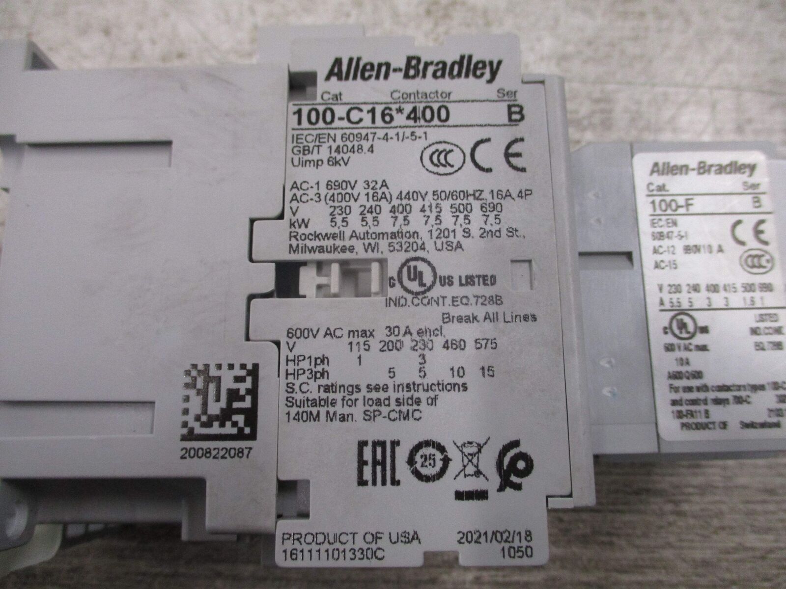 Allen-Bradly Contactor 100-C16*400 Ser. B 120V Coil 30A 600V W/Aux Contact Block
