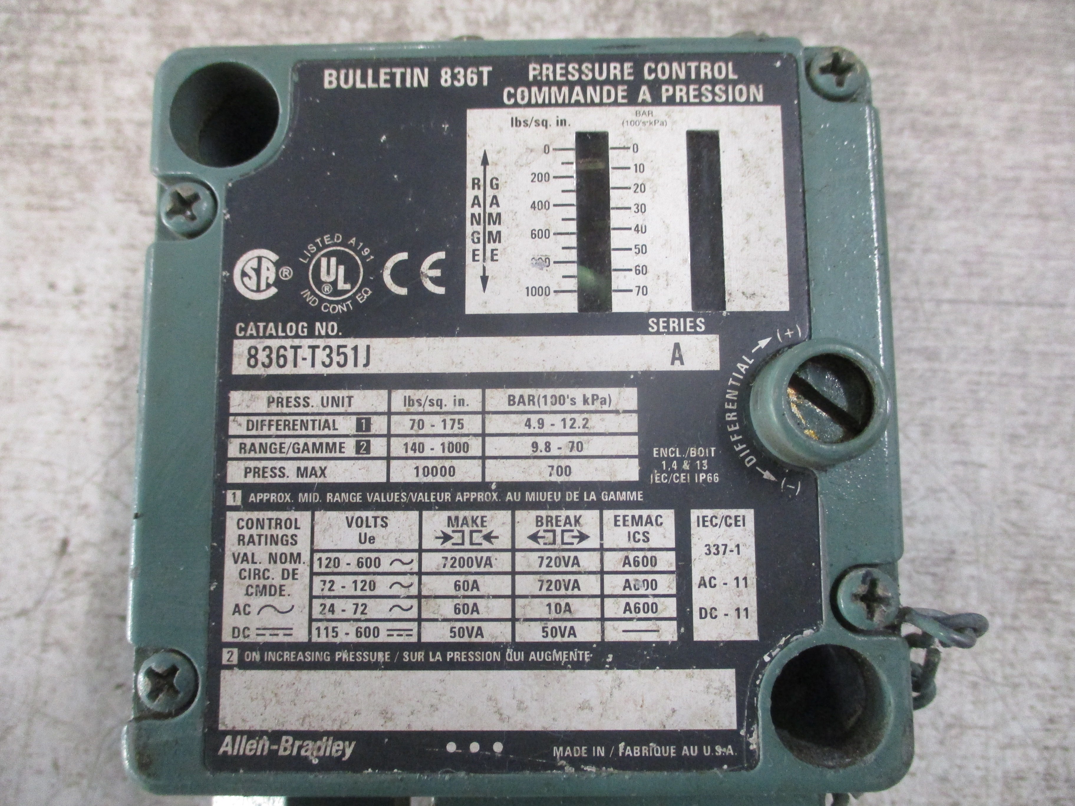Allen-Bradley Pressure Control 836T-T351J Ser. A Diff: 70-175 PSI