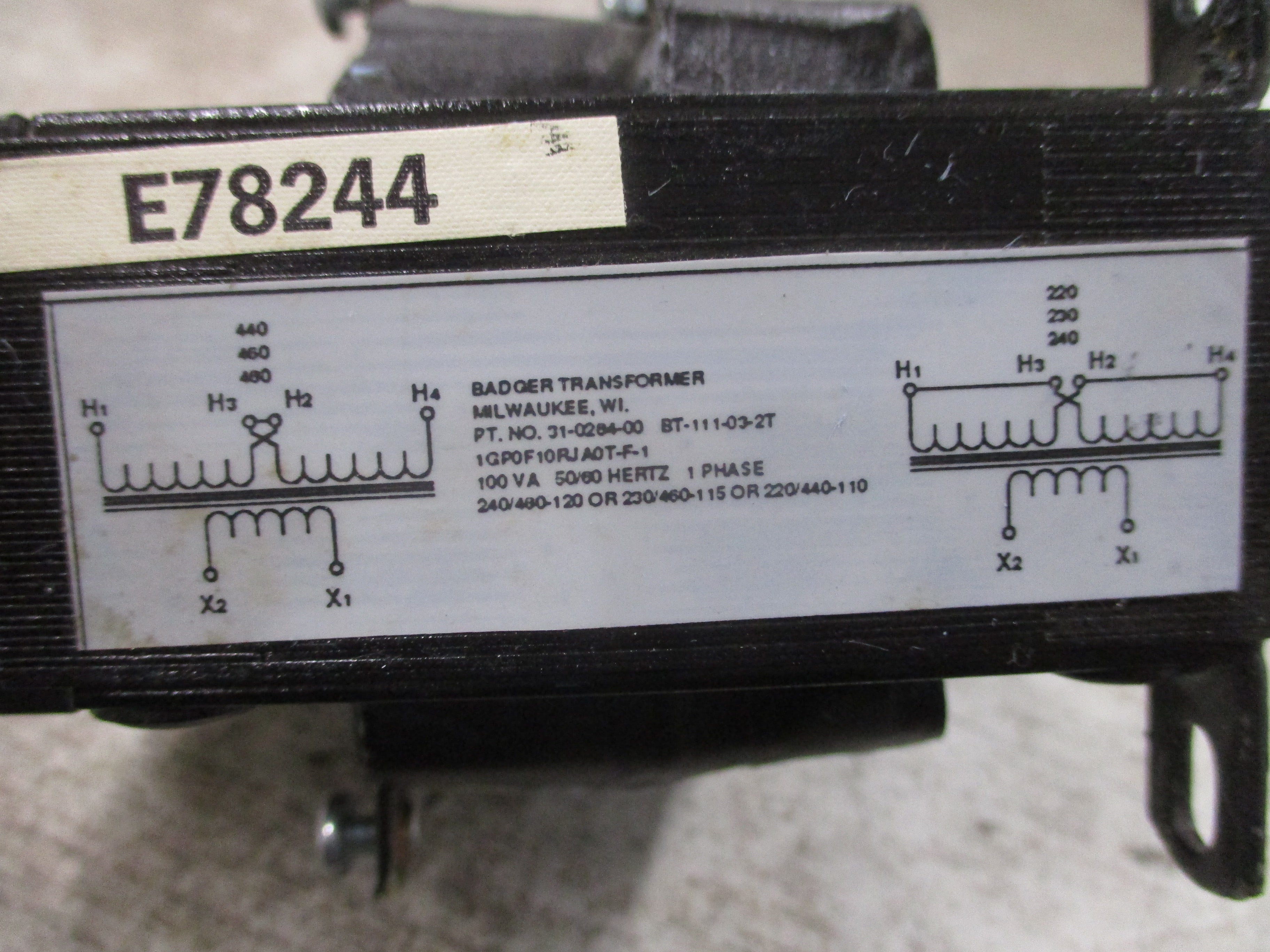 Badger Transformer Control Transformer 31-0264-00 100VA Pri: 240/480V Sec: 120V
