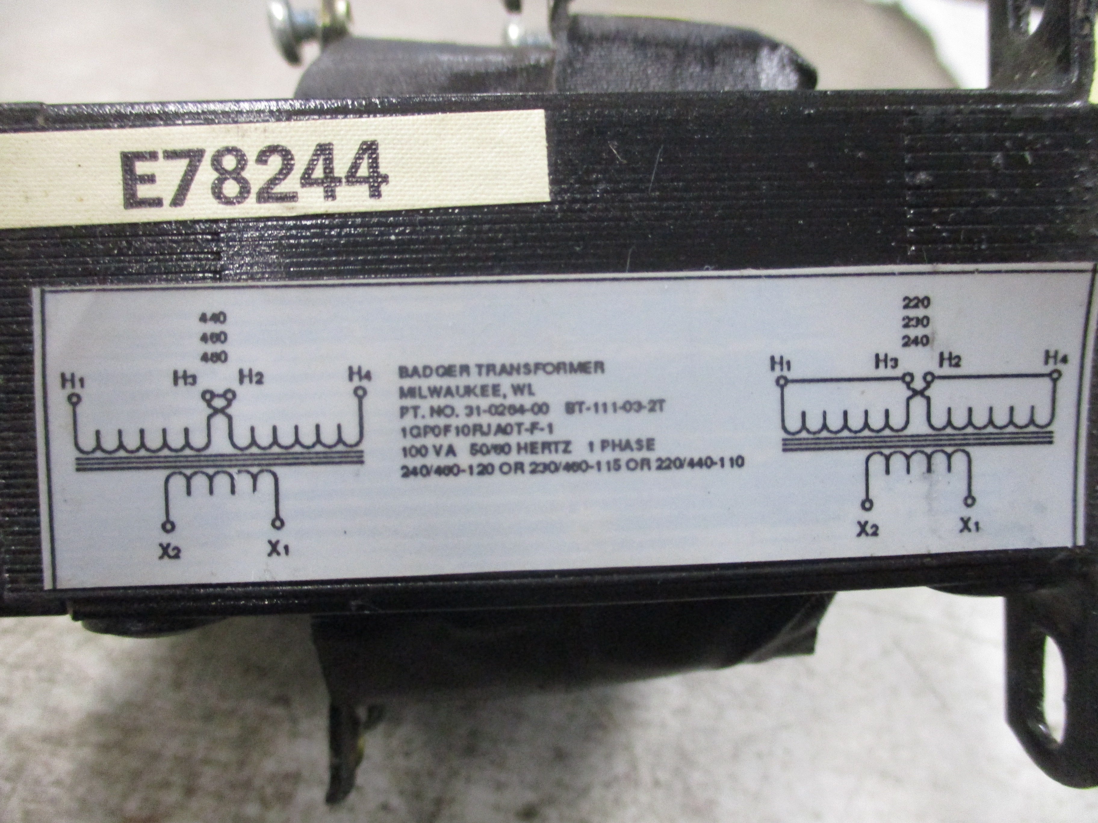 Badger Transformer Control Transformer 31-0264-00 100VA Pri: 240/480V Sec: 120V