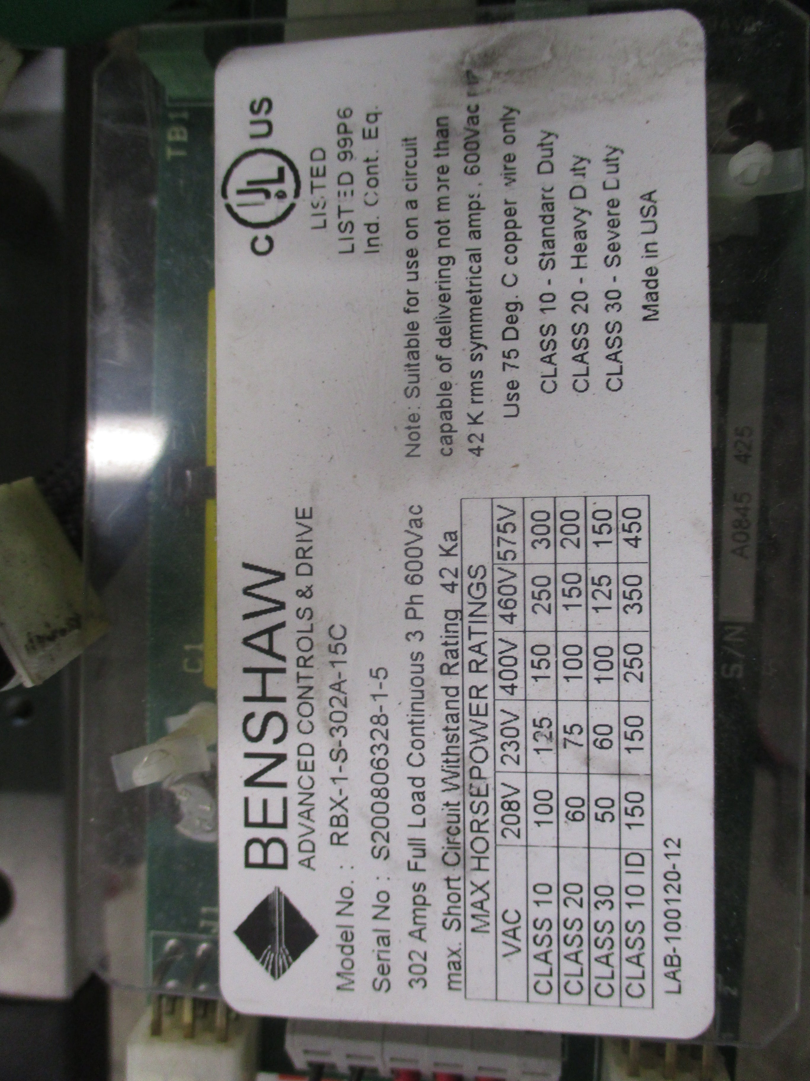 Benshaw Soft Start RBX-1-S-302A-15C 300HP 600V 3Ph 302A New Surplus