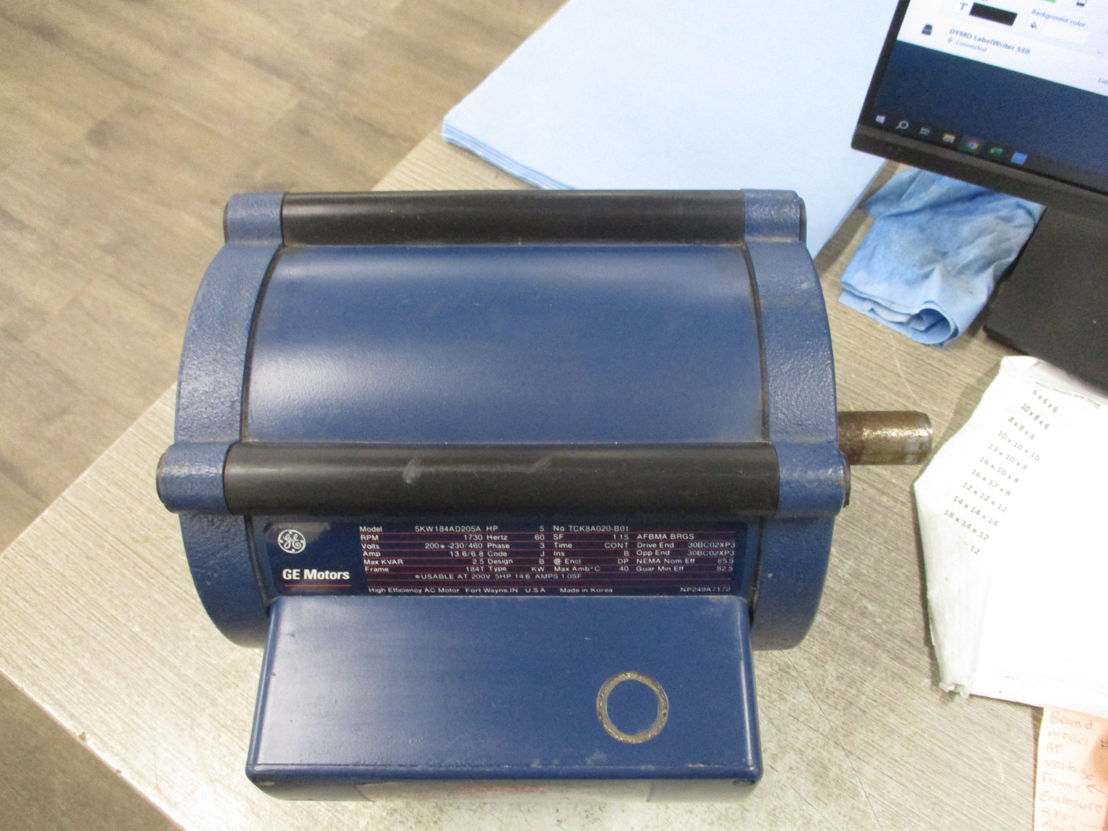 GE AC Motor 5KW184AD205A 5HP 200*-230/460V 1800RPM Enclosure: DP Frame: 184T 13.6/6.8A Used
