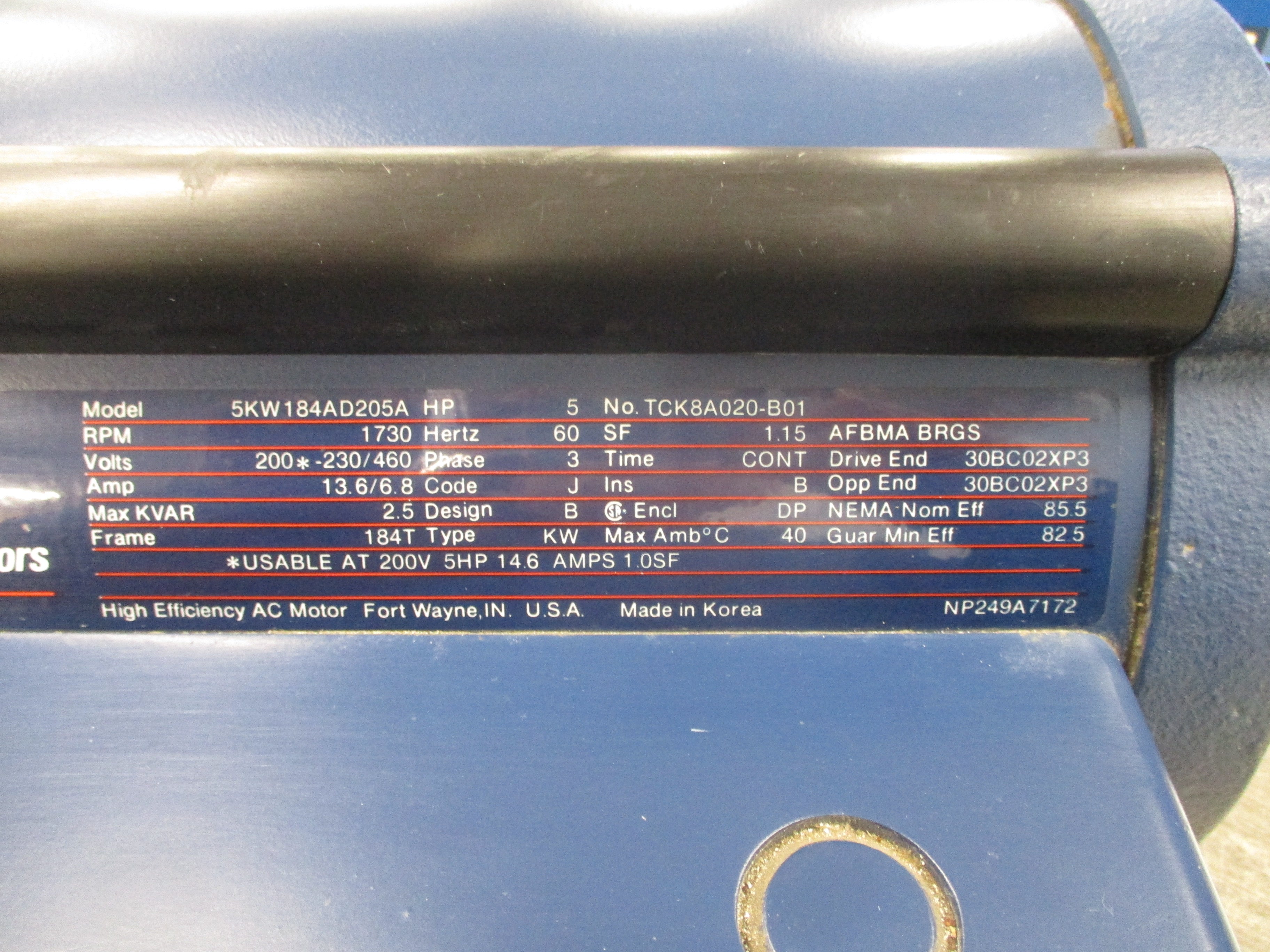 GE AC Motor 5KW184AD205A 5HP 200*-230/460V 1800RPM Enclosure: DP Frame: 184T 13.6/6.8A Used