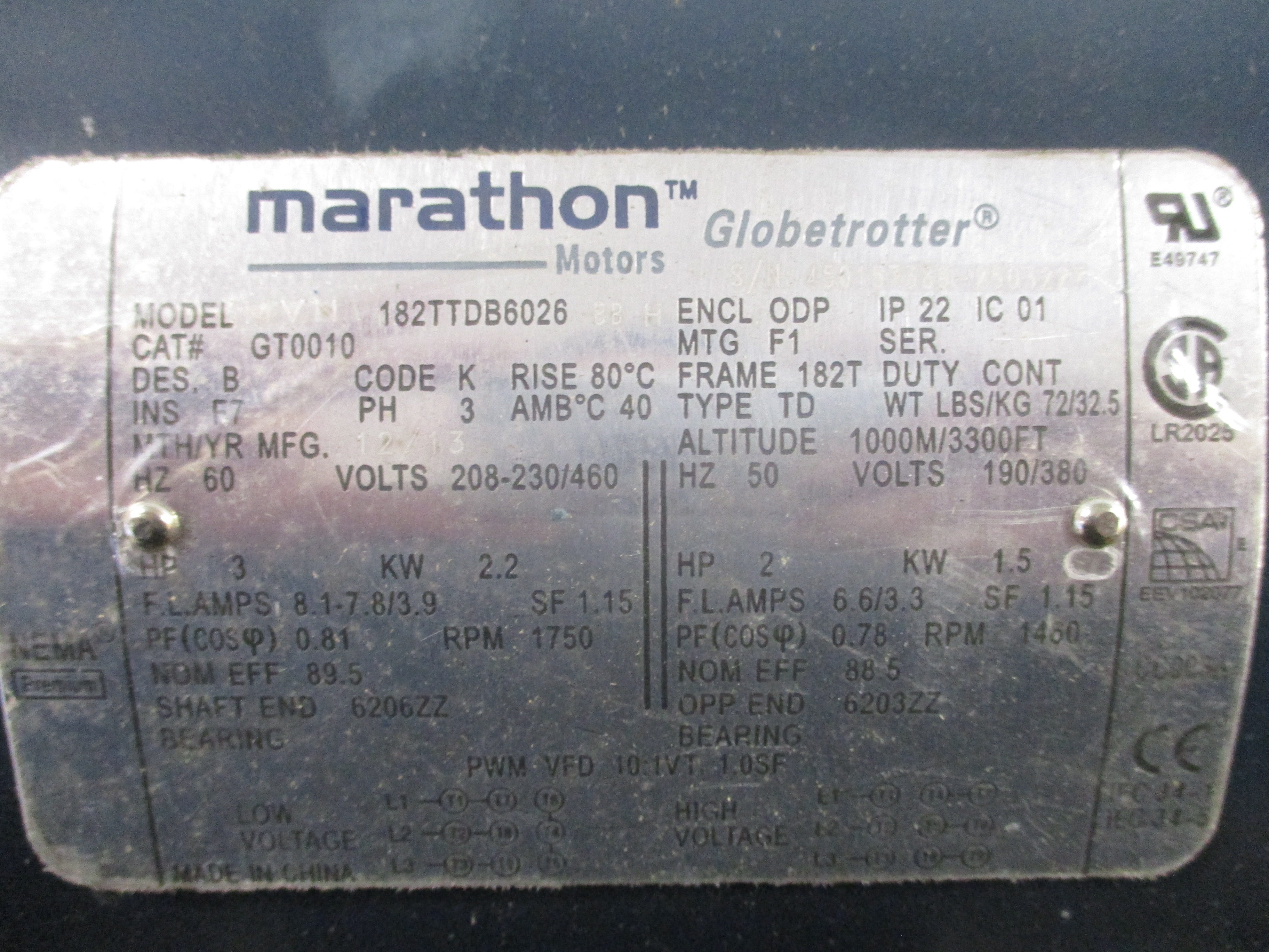 Marathon Electric 182TTDB6026 3/2HP 208-230/460-190/380V 1800/1500RPM