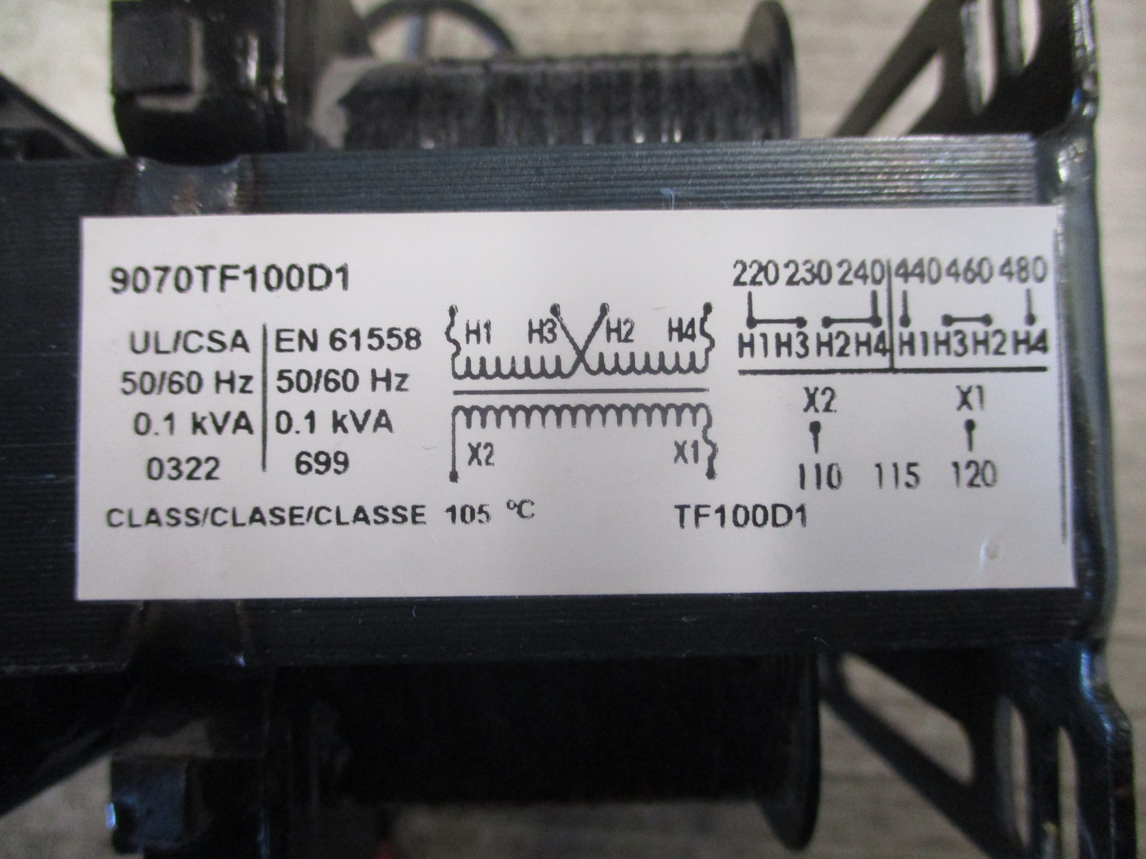 Square D Transformer 9070TF100D1 0.1kVA Pri: 240/480V Sec: 120V 50/60Hz Used