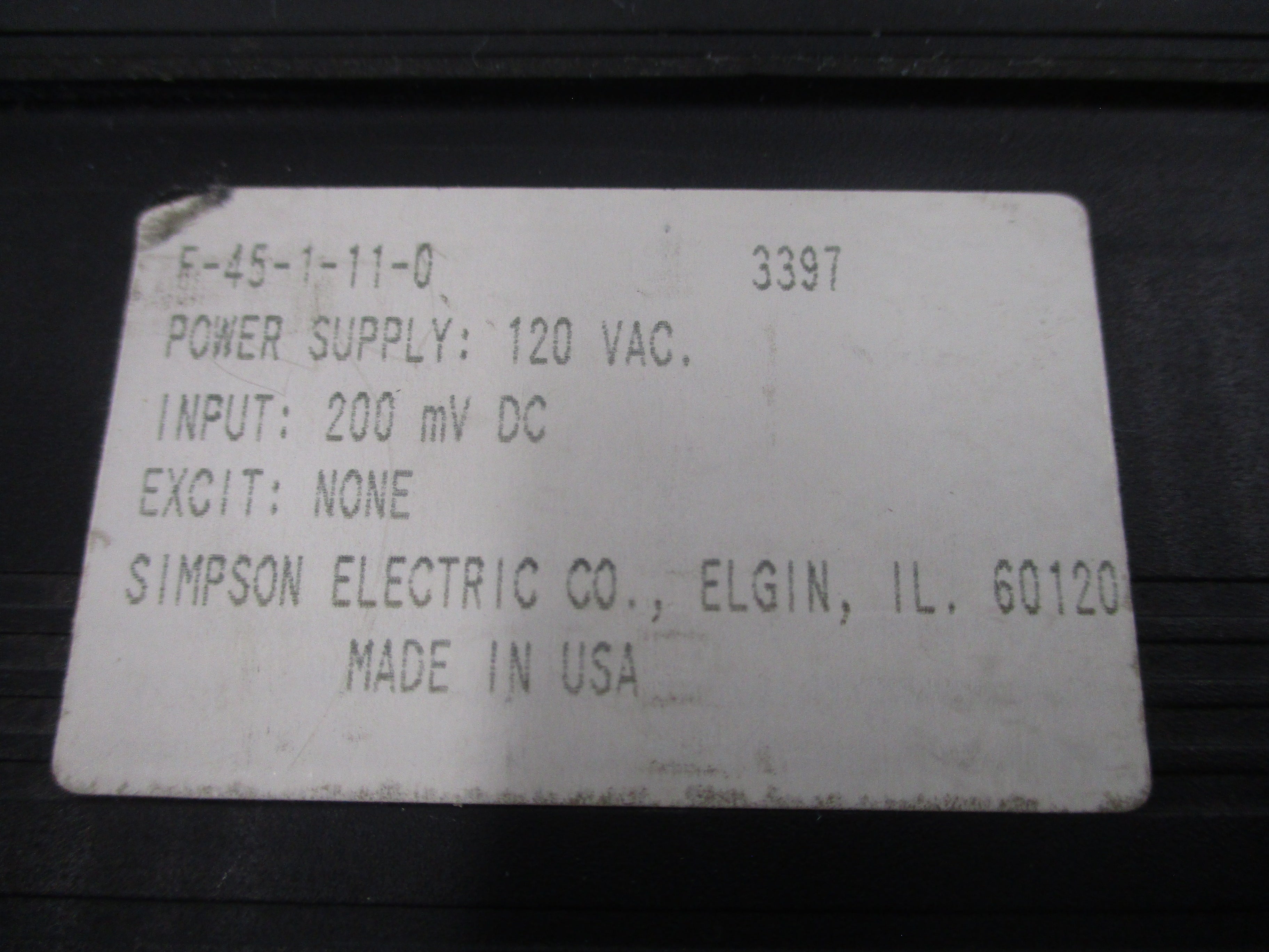 Simpson Panel Meter F-45-1-11-0 Supply: 120VAC Input: 200m VDC Used