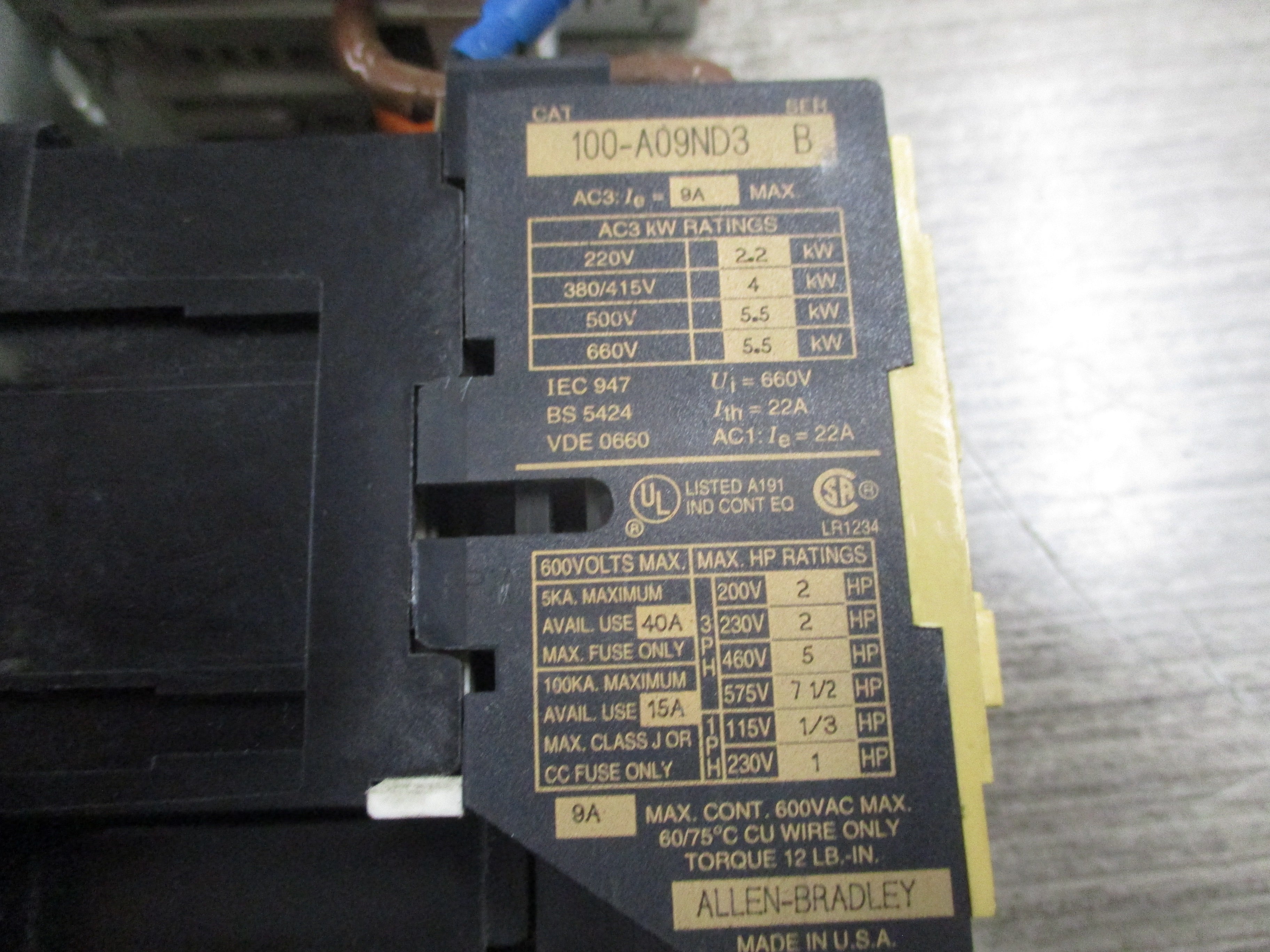 Allen-Bradley Starter 100-A09ND3/140-MN-0630 120V Coil Trip: 4.0-6.3A W/Mount