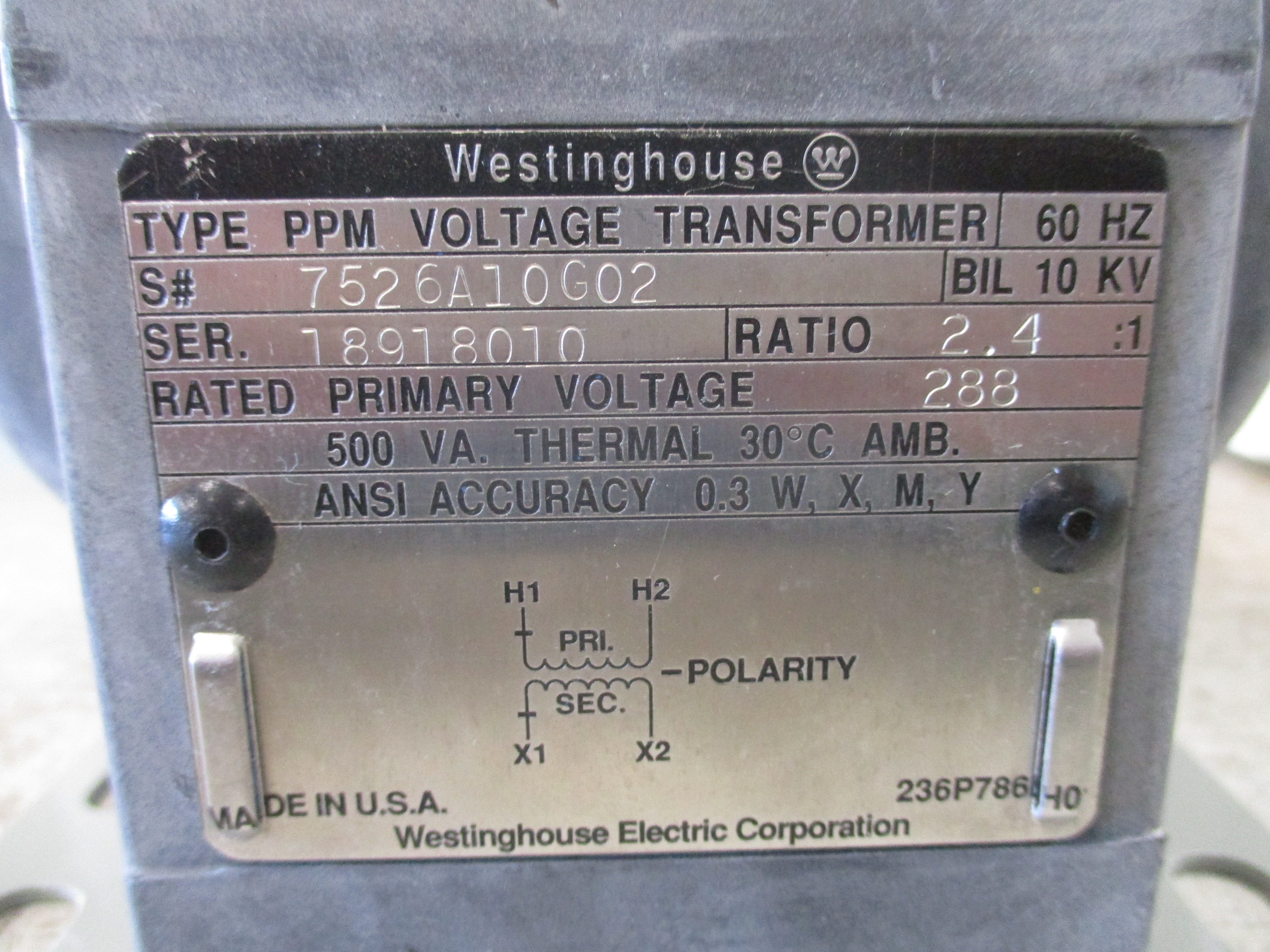 Westinghouse Type PPM Voltage Transformer 7526A10G02 Pri: 288V Ratio 2.4:1 60Hz