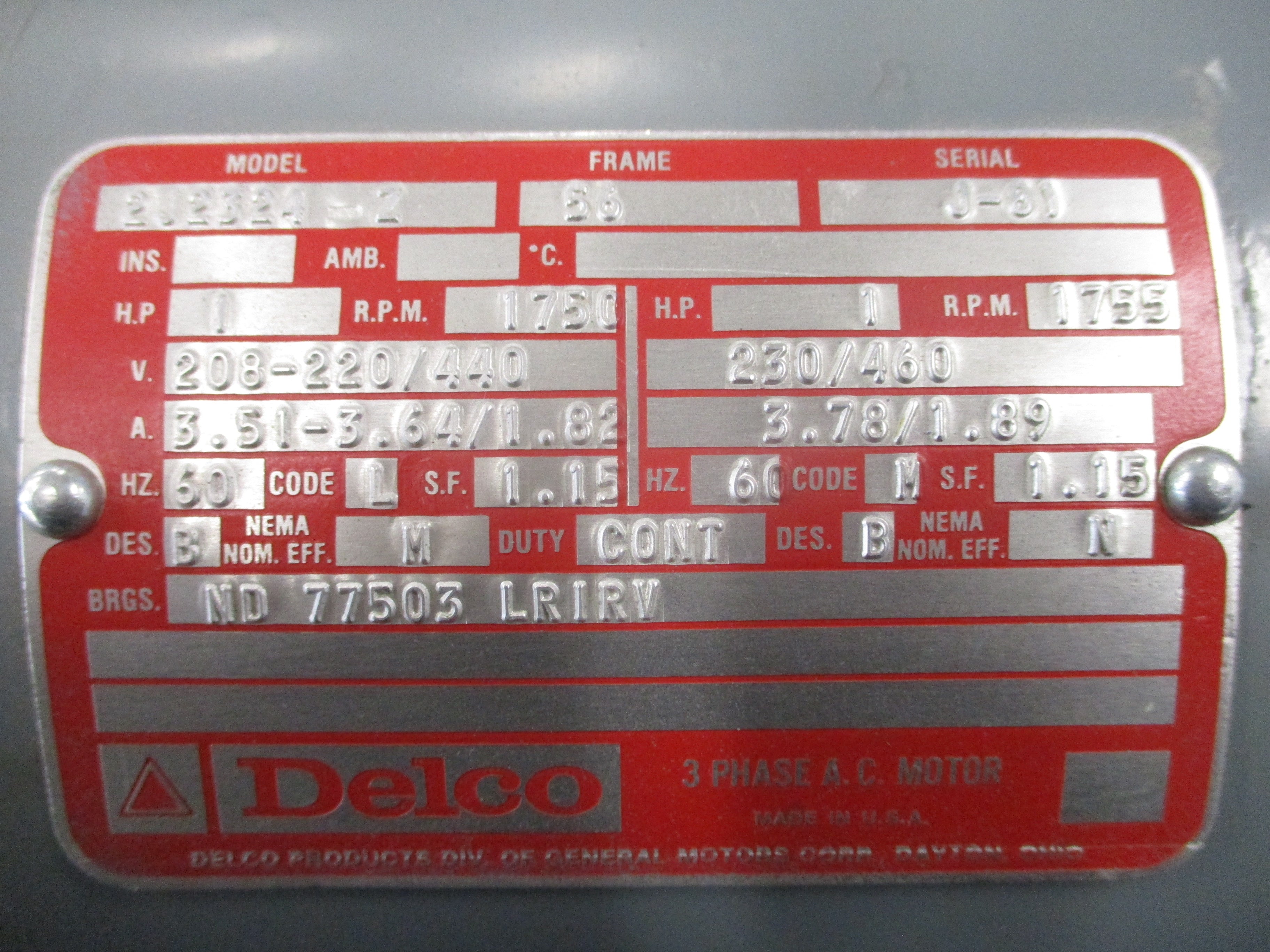 Delco 3Phase AC Motor 2J2324-Z 1HP 230/460V 3.78/1.89A 1800RPM 60Hz Frame: 56
