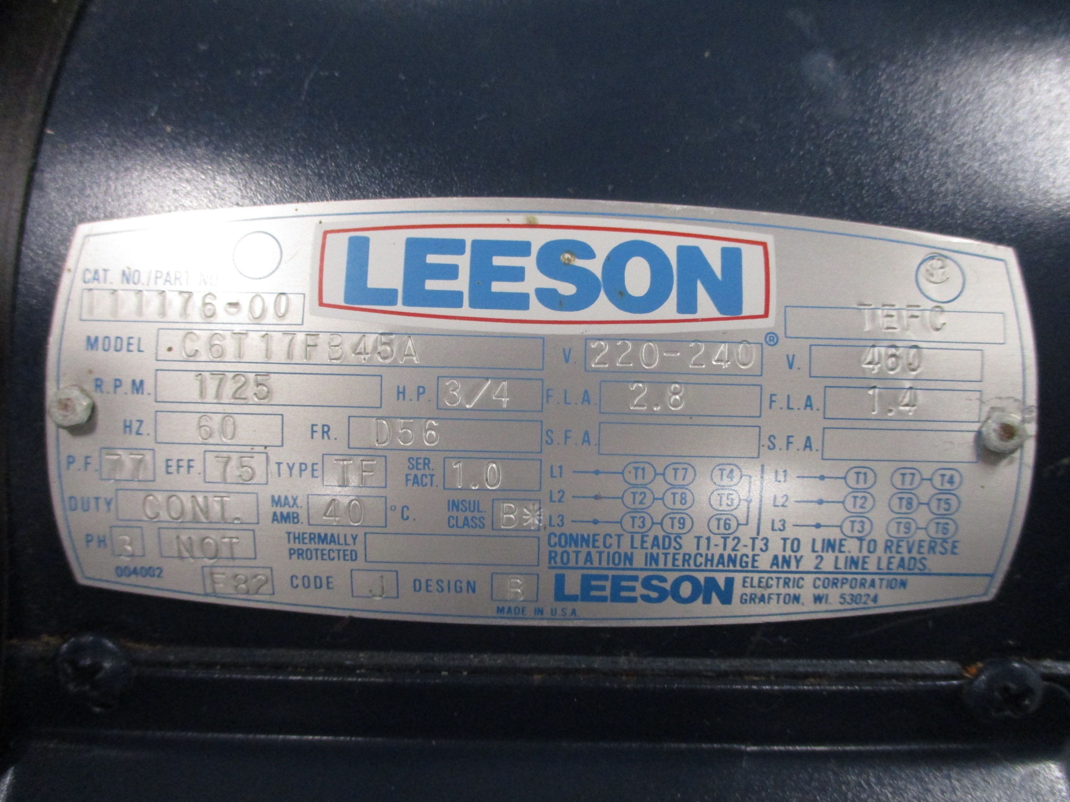 Leeson Motor C6T17FB45A 3/4HP 220-240V 1800RPM 60Hz Frame: D56 Enclosure: TEFC