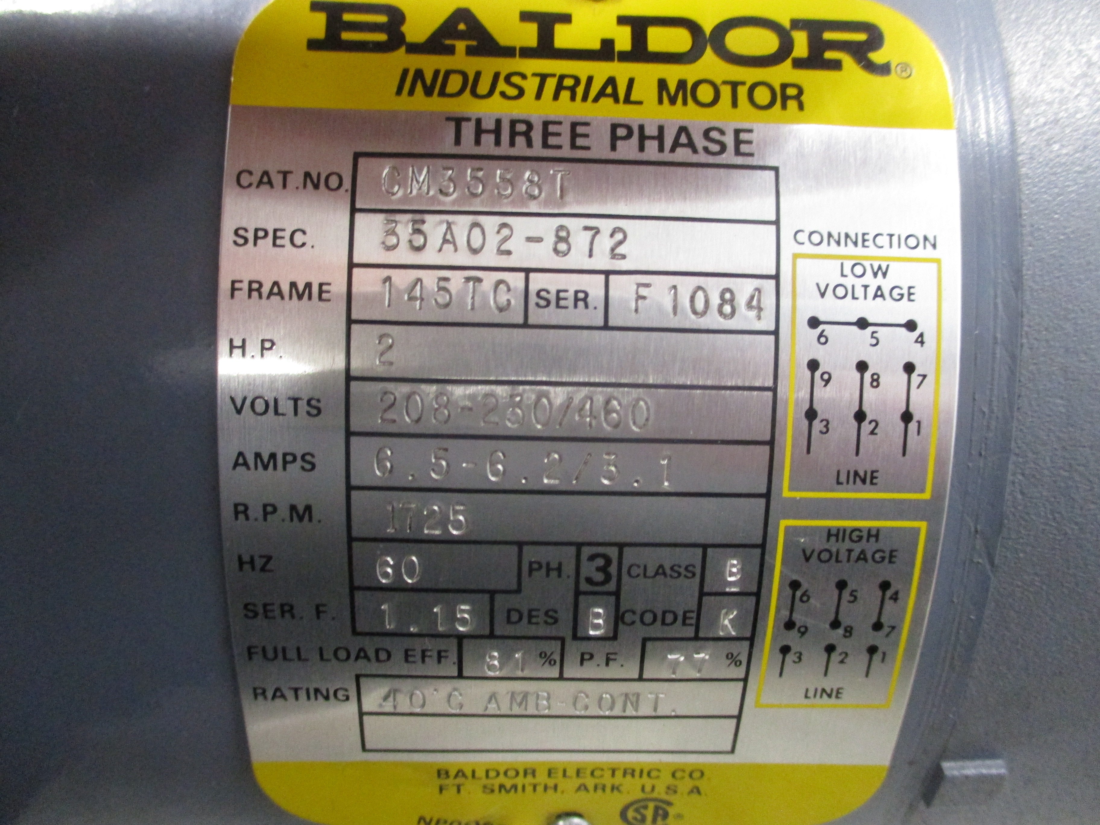 Baldor Motor CM3558T 2HP 208-230/460V 6.5-6.2/3.1A 1800RPM 60Hz Frame: 145TC