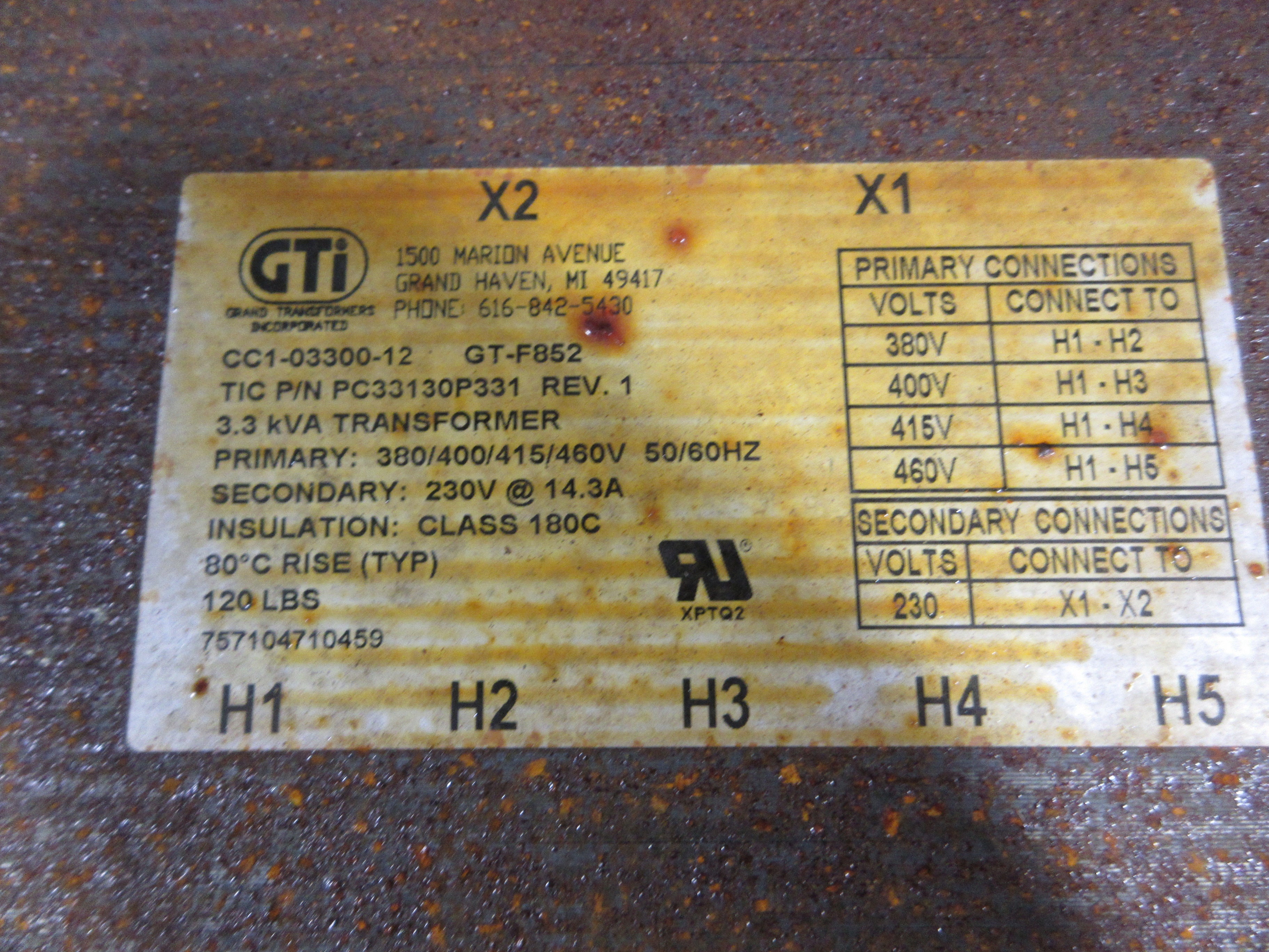 GTi Transformer PC33130P331 Rev. 1 3.3KVA Pri: 460V Sec: 230V Used