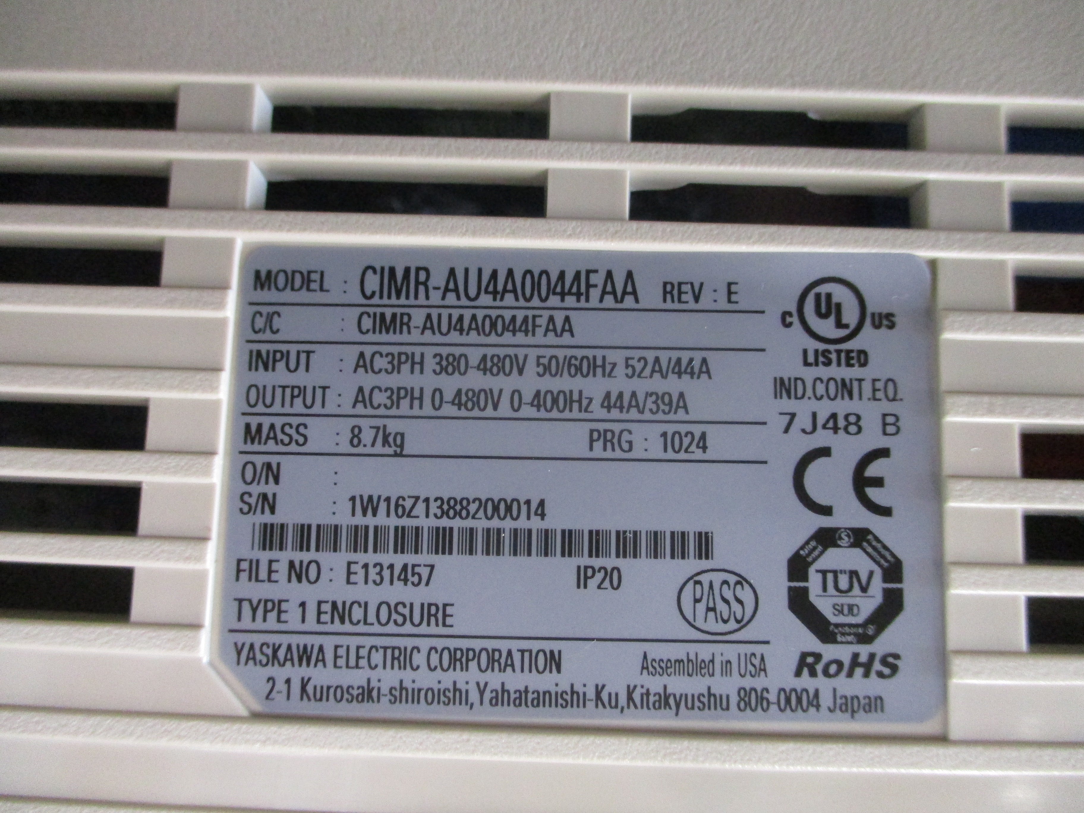 Yaskawa A1000 AC Drive CIMR-AU4A0044FAA Rev. E 30HP 3Ph Input: AC 3Ph 380-480V