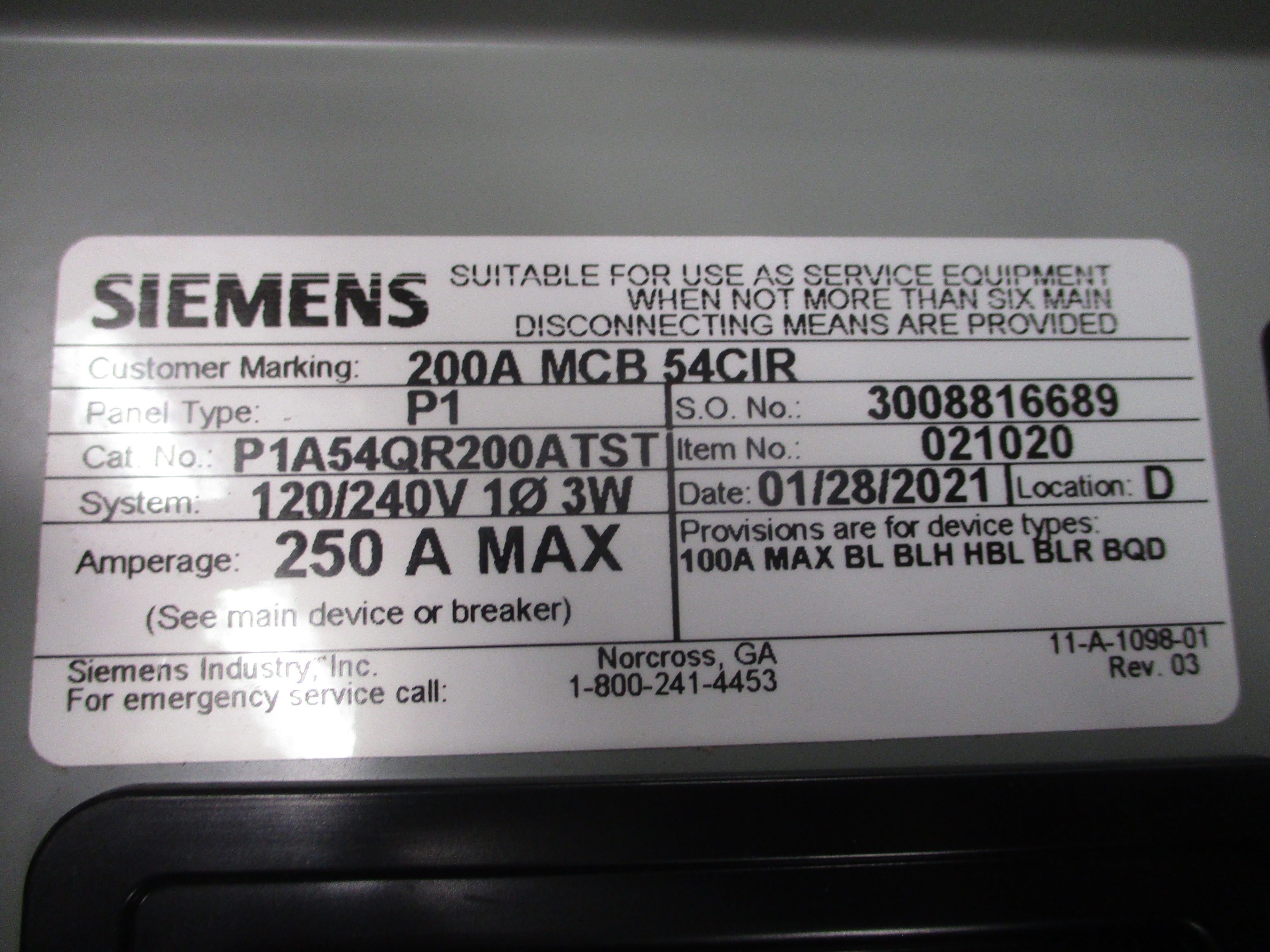 Siemens Main Breaker Panelboard Interior P1A54QR200ATST 200A Main 120/240V 1Ph