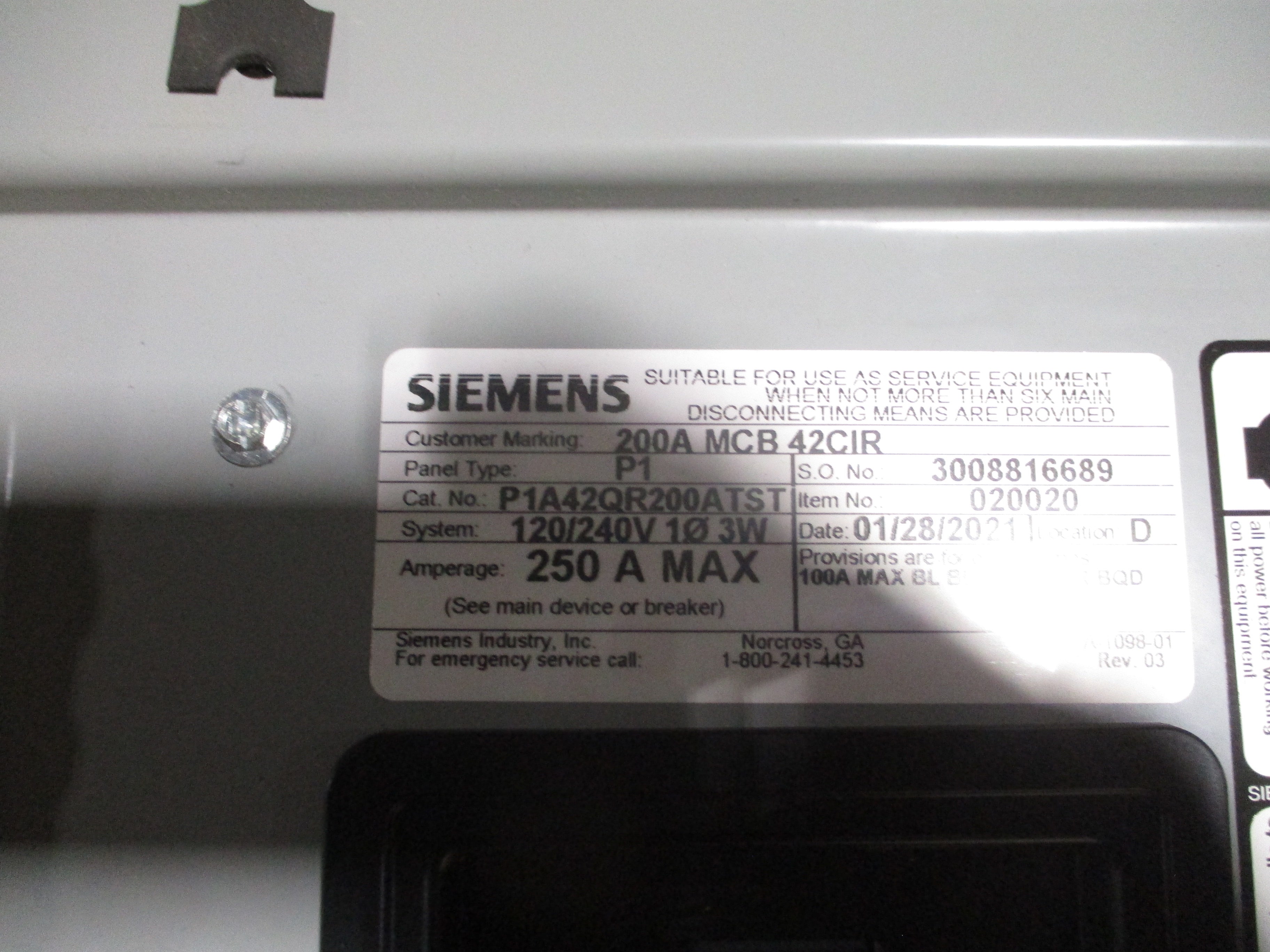 Siemens Main Breaker Panelboard Interior W/Box P1A42QR200ATST 200A Main 120/240V