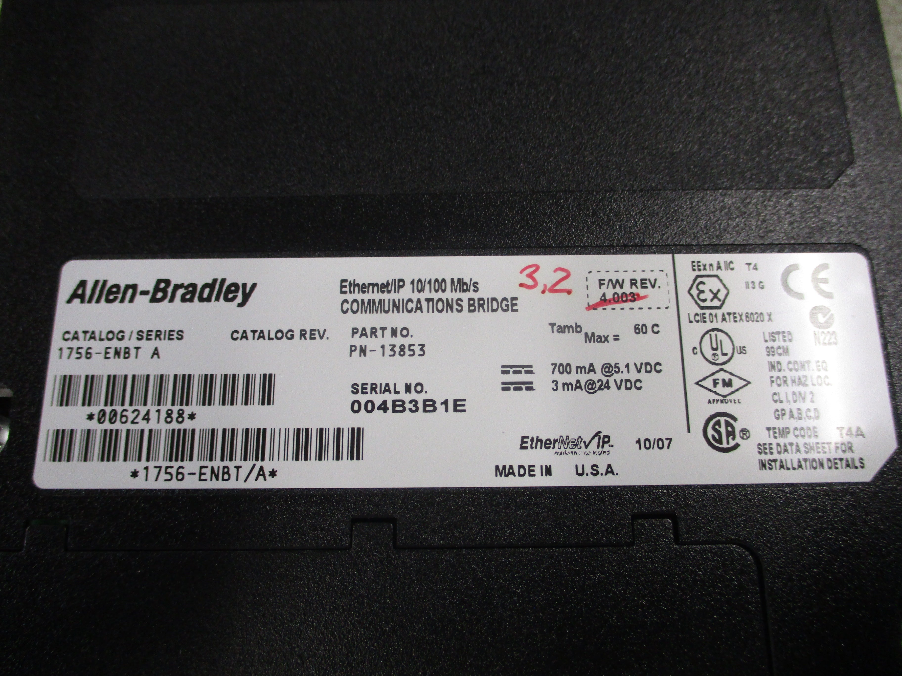 Allen-Bradley Ethernet I/P Comm. Bridge Module 1756-ENBT Ser. A F/W Rev. 3.2