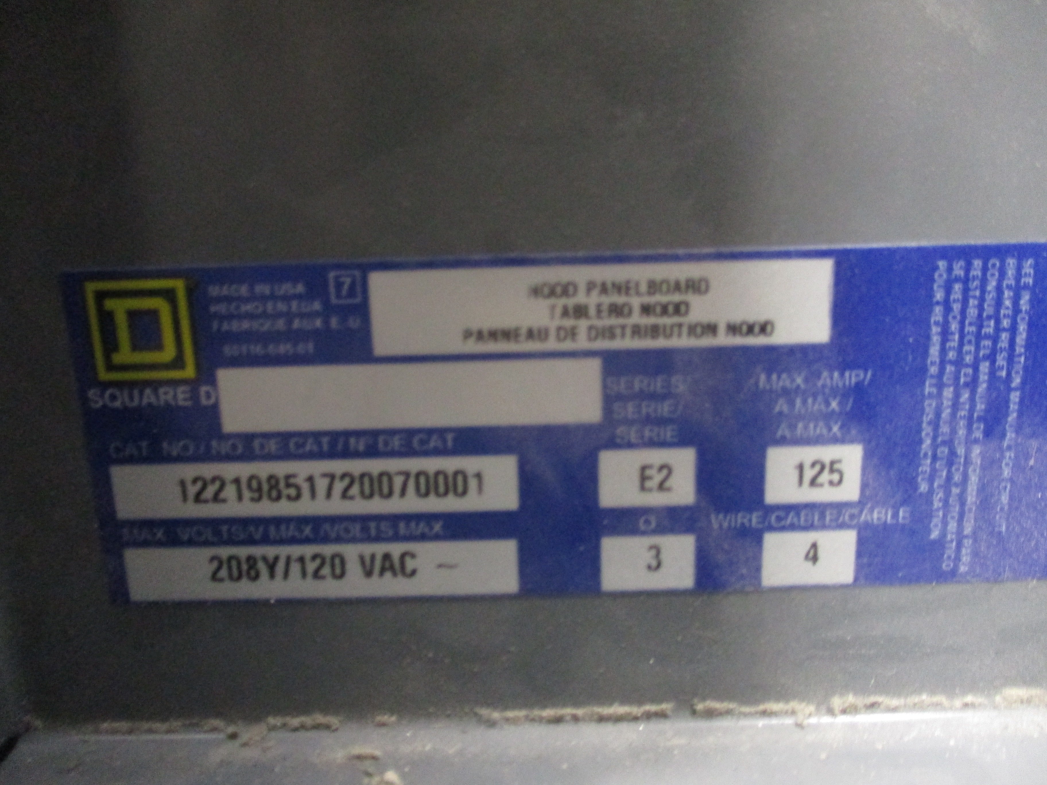 Square D Main Breaker Circuit Breaker Panel 12219851720070001 125A Main 125A Max